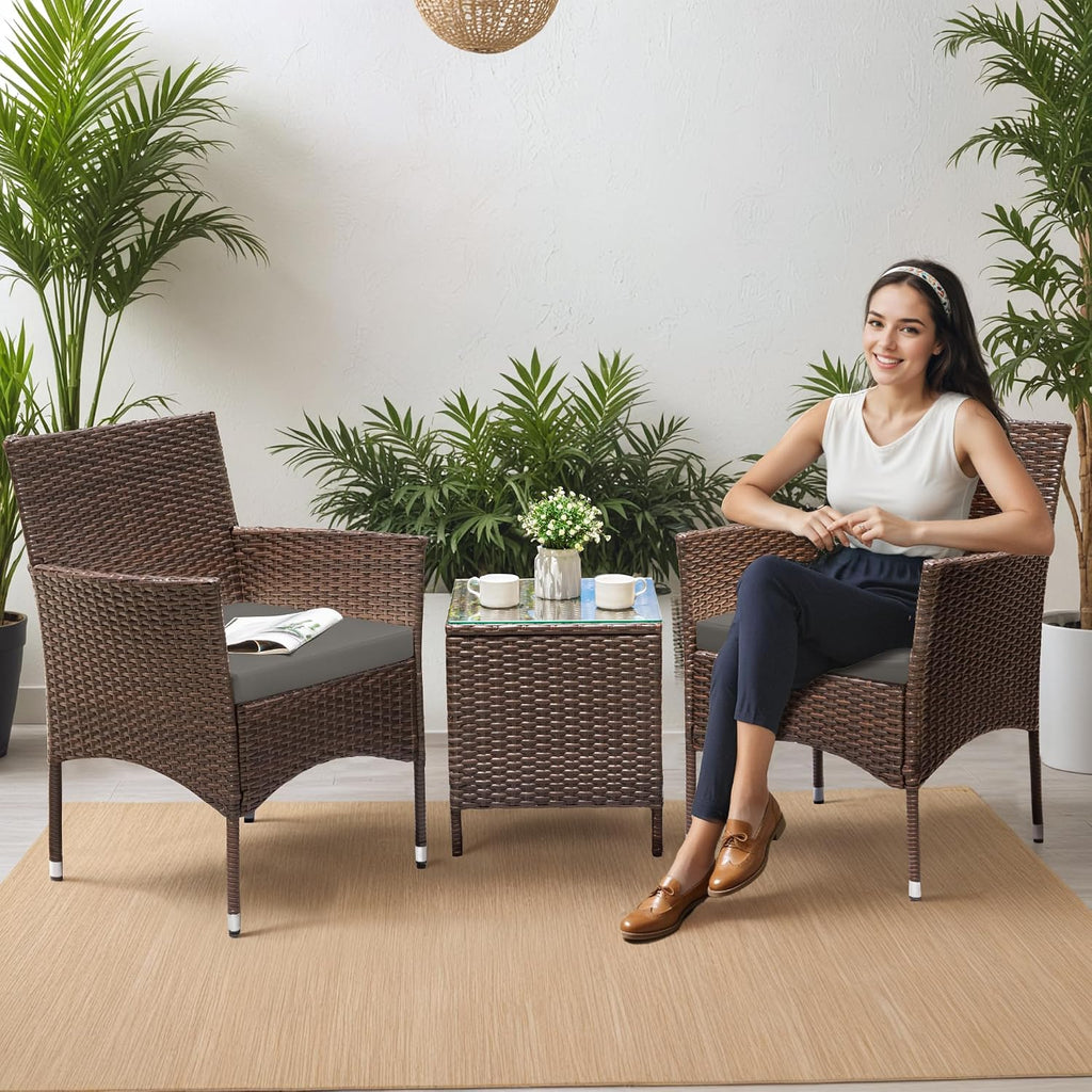 Greesum 3 Pieces Patio Dining PE Rattan Wicker Chair Furniture Set with Cushion and Glass Coffee Table for Outdoor Garden Backyard Poolside, Brown and Grey