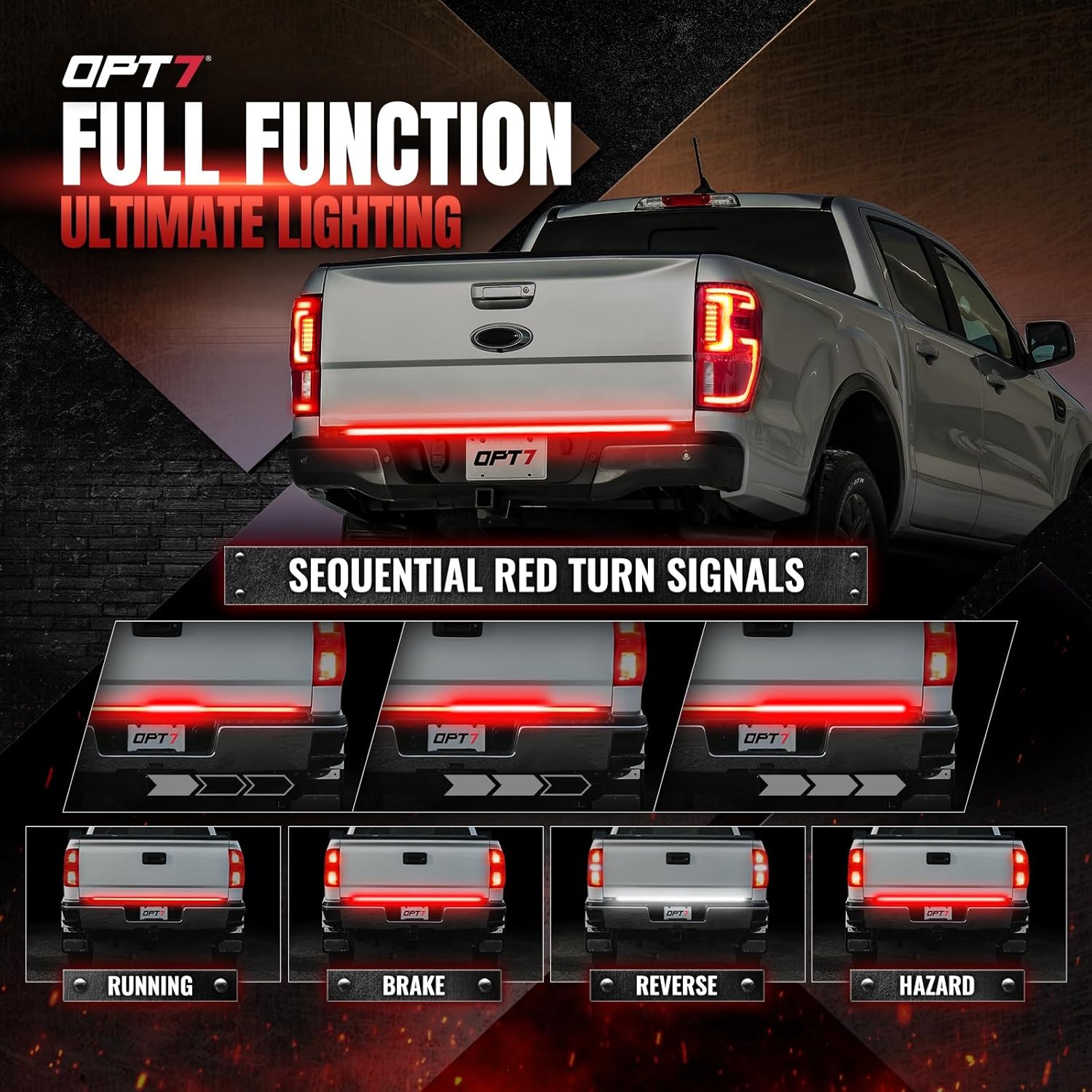 OPT7 Dynamic Taillight for F150 2015-2018 w/o Blind Spot Monitor – Redline 60' Aluminum Rigid 2-Section Triple Row LED Truck Tailgate Light Bar w/Sequential Red Turn + Plug'n'Play Harness