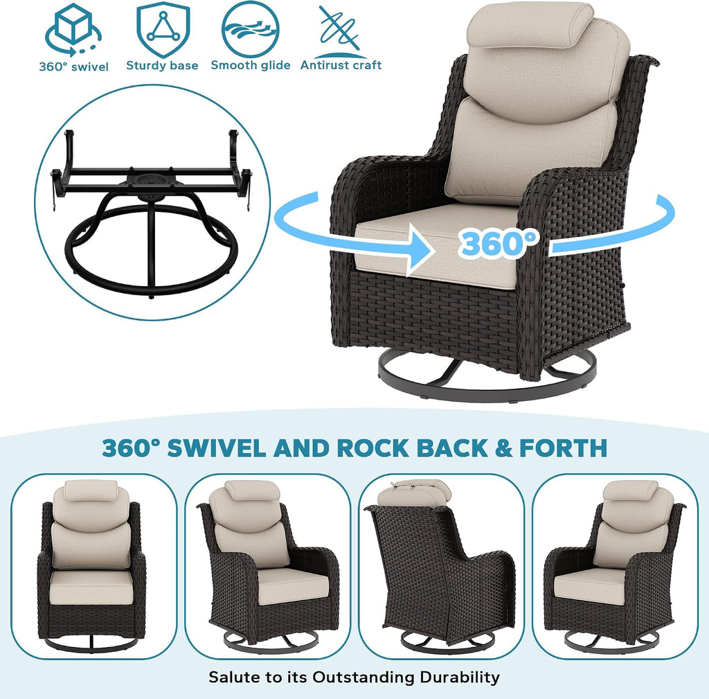 Patio Swivel Rocker Chairs of 2 with Ottomans and Side Table, 5 Pieces Patio Furniture Set, Outdoor Wicker High Back Glider Armchairs with Washable and Water-Resistant Cushions (Beige)