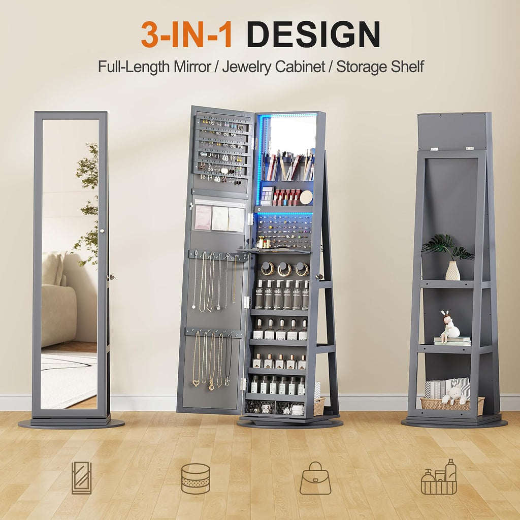 360° Rotating LED Jewelry Armoire with Lockable,3 Color Dimmable Full Length Mirror with Makeup Tray,Jewelry Organizer Cabinet with Back Storage Shelves