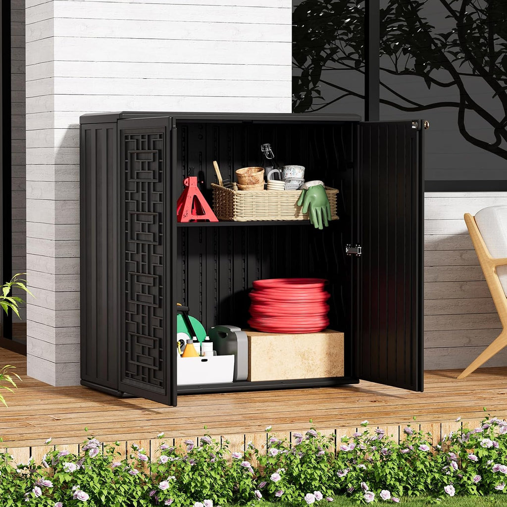 ZZM HDPE Outdoor Storage Shed, Outdoor Plastic Storage Cabinet, Horizontal Resin Tool Shed for Garden, All Weather Outdoor Storage Clearance, DIY Usage, with one Shelf (Black)