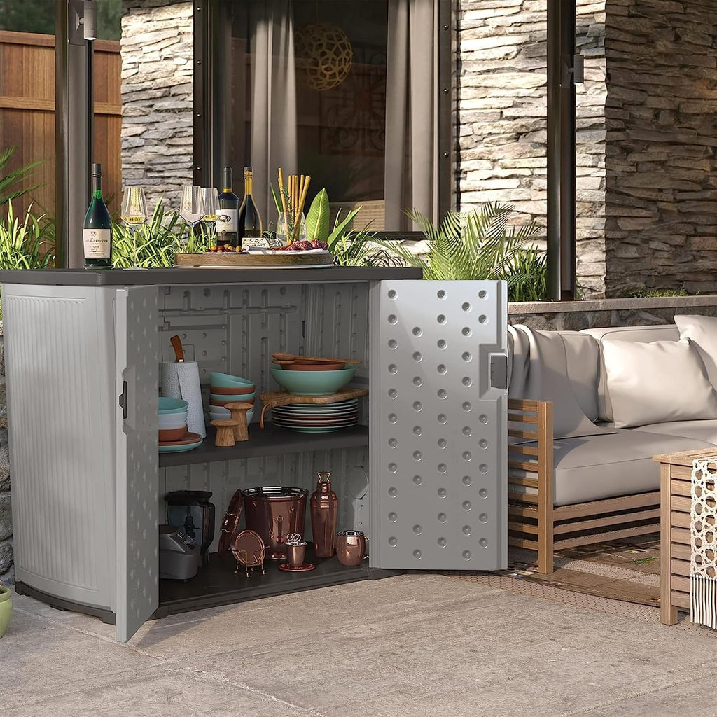 Suncast 130-Gallon Backyard Oasis Basic Unit Lockable Outdoor Storage Cabinet, Peppercorn, Made in The USA