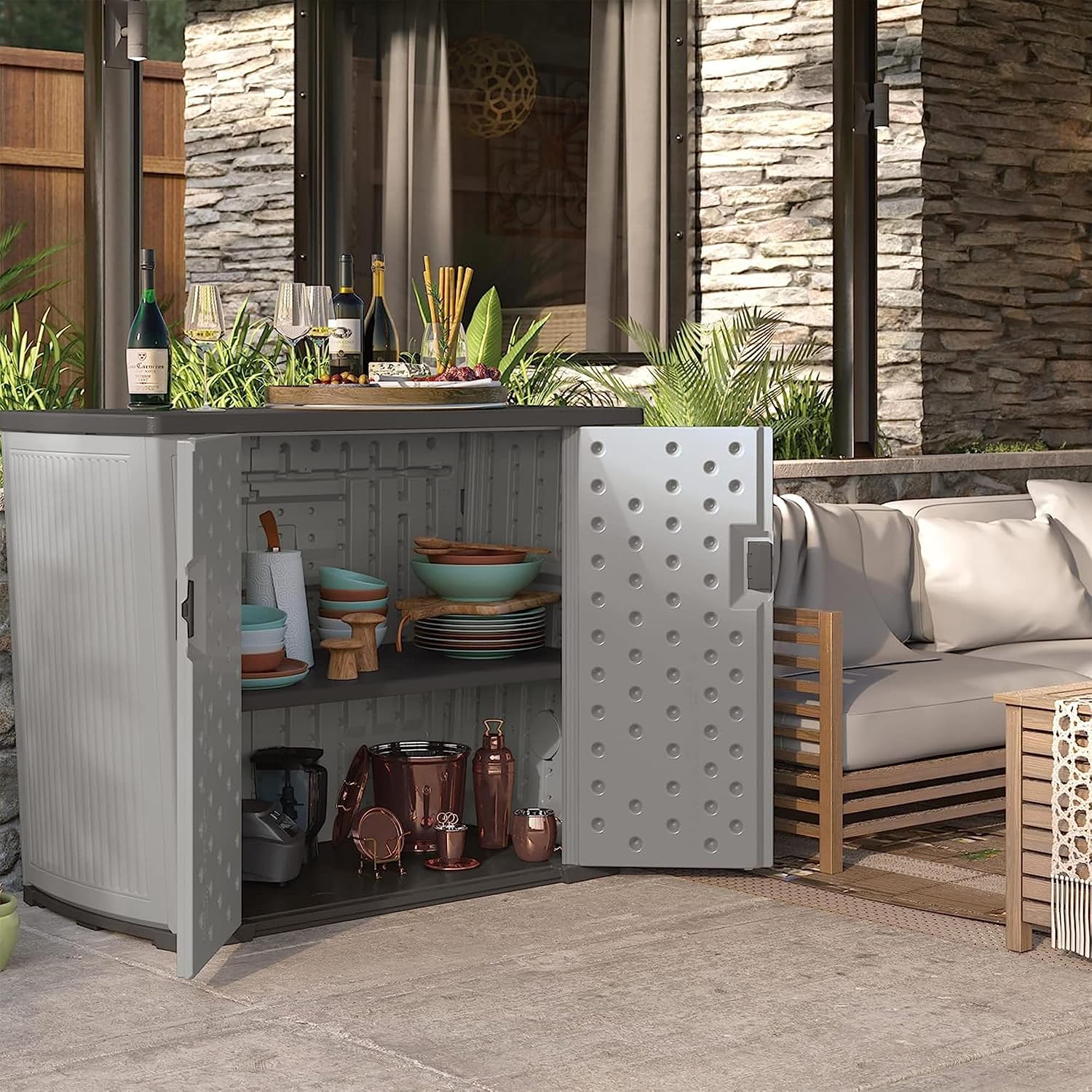 Suncast 130-Gallon Backyard Oasis Basic Unit Lockable Outdoor Storage Cabinet, Peppercorn, Made in The USA