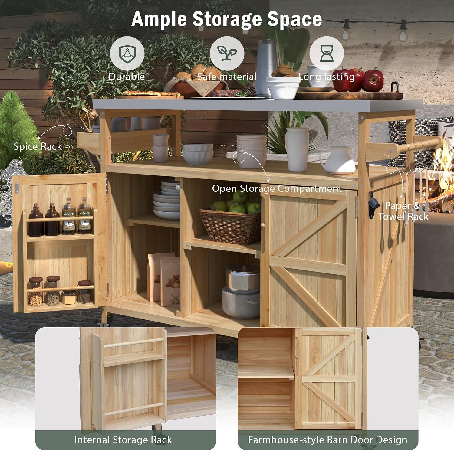 50.25' W Grill Cart with Stainless Steel Tabletop - Outdoor Storage Cabinet for BBQ, Bar Patio Kitchen Island with Ample Storage and Lockable Wheels