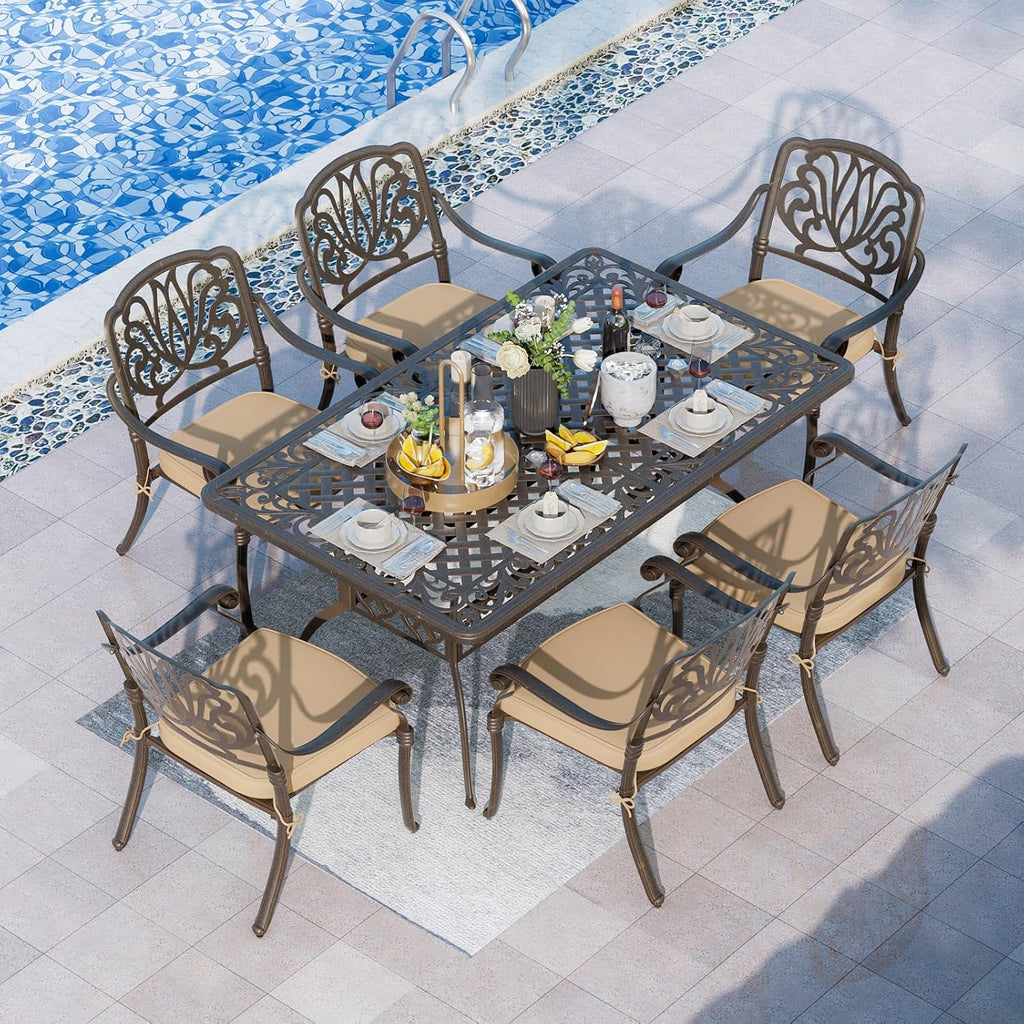 Grepatio 7 Piece Patio Dining Set Outdoor Dining Set Cast Aluminum Furniture Set with 6 Dining Chairs with Cushion and Dining Table for Backyard Garden Deck Poolside (Khaki)