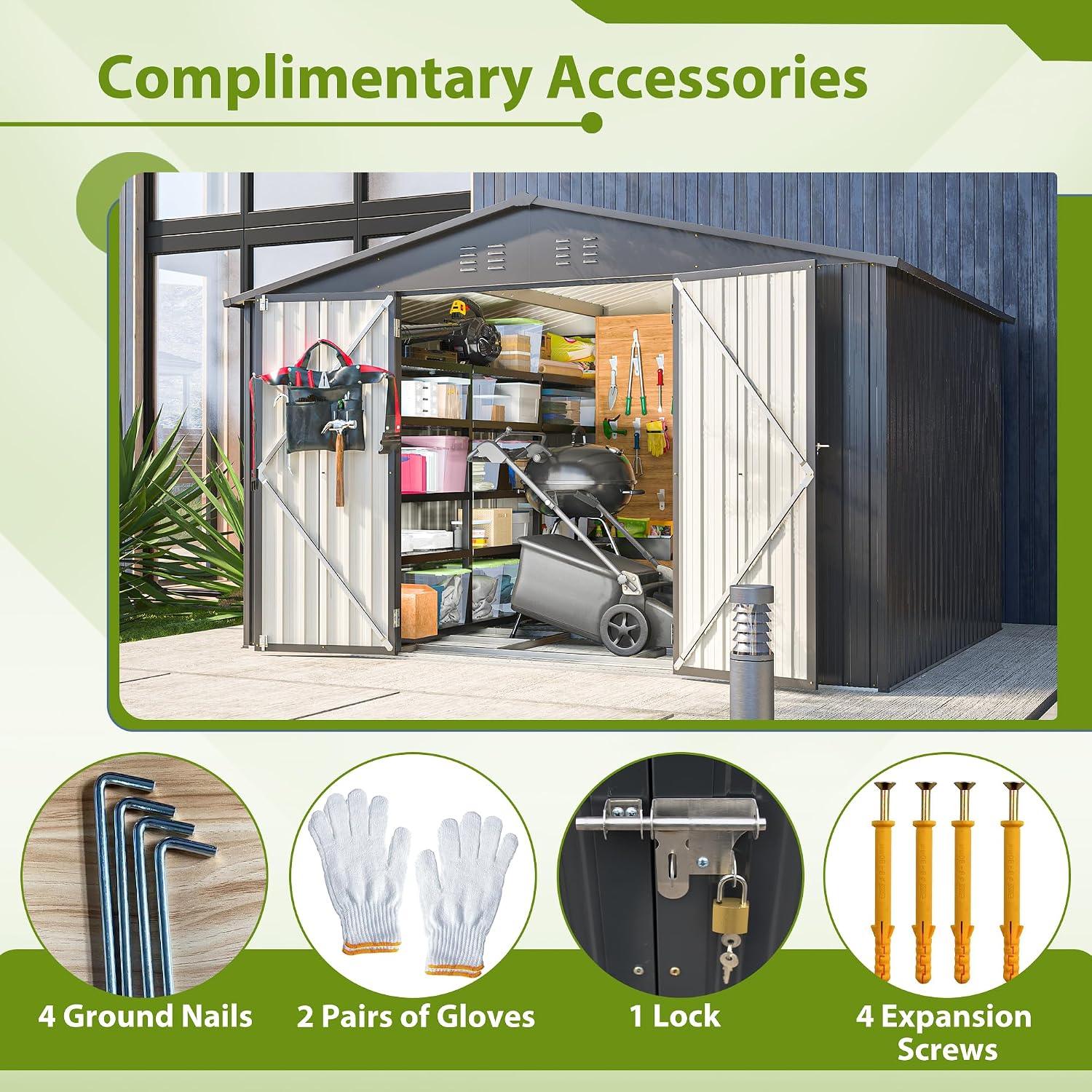 10x8 FT Outdoor Storage Shed with Lockable Double Doors, Aluminum Frame, Weatherproof with Frame Floor, Metal Tool Shed for Garden, Backyard, Patio, and Equipment Storage