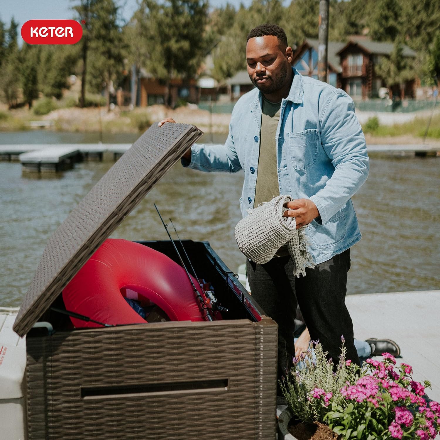 Keter Java XXL 230 Gallon Resin Rattan Look Large Outdoor Storage Deck Box for Patio Furniture Cushions, Pool Toys, and Garden Tools, Dark Grey