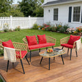 4 Piece Patio Furniture Set,Outdoor Conversation Set with Wicker Sofa, 2 Rattan Chairs and Glass Table, Patio Bistro Set with All Weather Cushions, for Garden, Porch, Backyard (Red)
