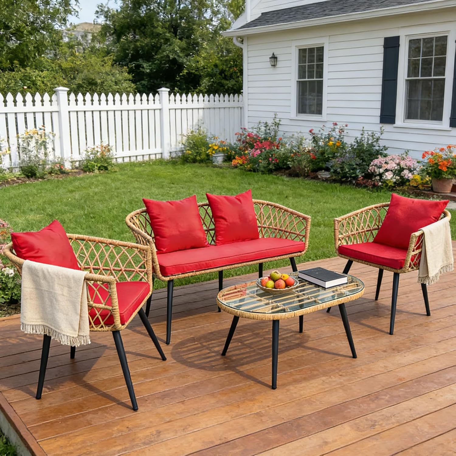 4 Piece Patio Furniture Set,Outdoor Conversation Set with Wicker Sofa, 2 Rattan Chairs and Glass Table, Patio Bistro Set with All Weather Cushions, for Garden, Porch, Backyard (Red)