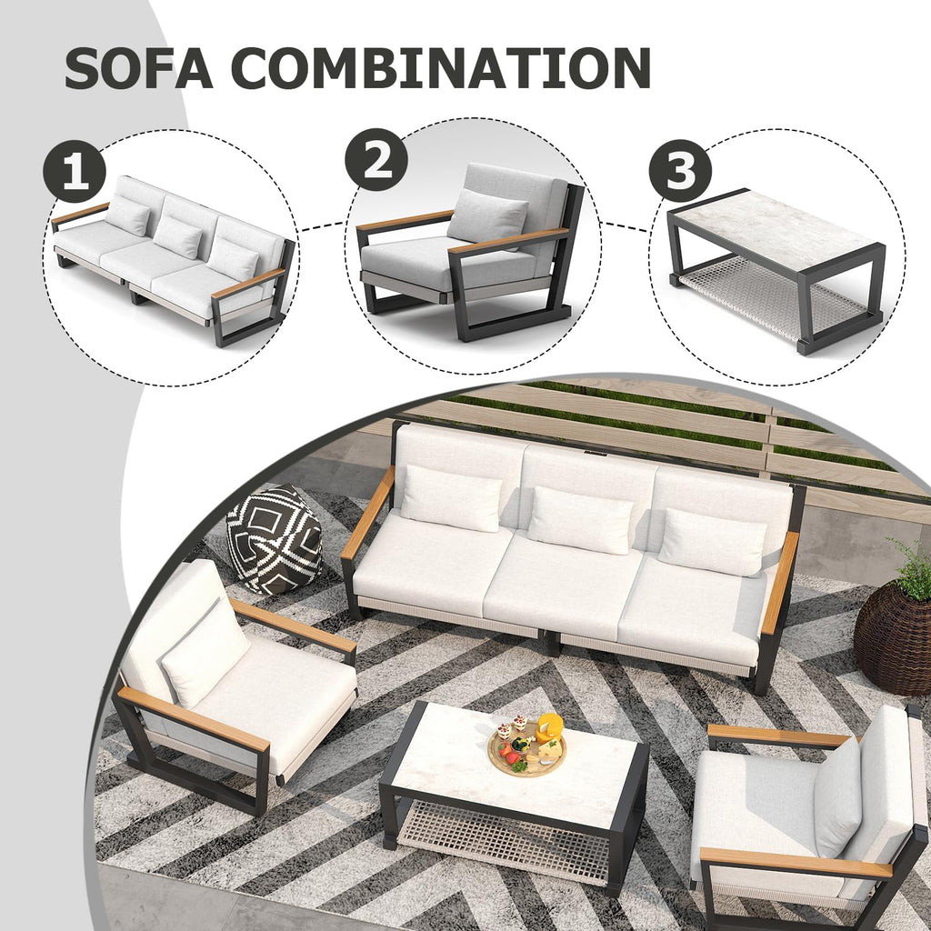 Aluminum Patio Furniture Set, Modern Metal Outdoor Conversation Sectional Sofa with Washable Thick Cushions, Coffee Table and Waterproof Cover (Grey, DWL-5Seat)