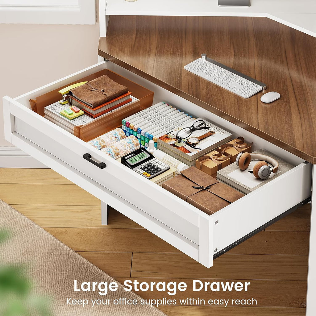 SEDETA 31.5' Corner Desk with Drawers, Small Office Computer Desk with Storage Shelves & Hutch for Small Space, Gaming Desk with LED Lights & Power Strip for Home Office, White + Brown