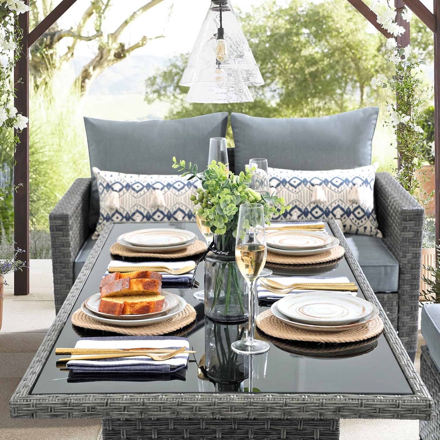 SUNSITT Outdoor Patio Furniture Set 5 Piece Wicker Conversation Set with Lift Coffee Table Sectional Dining Set 3 Seat Sofa Couch with Loveseat, Grey Wicker & Grey Cushion