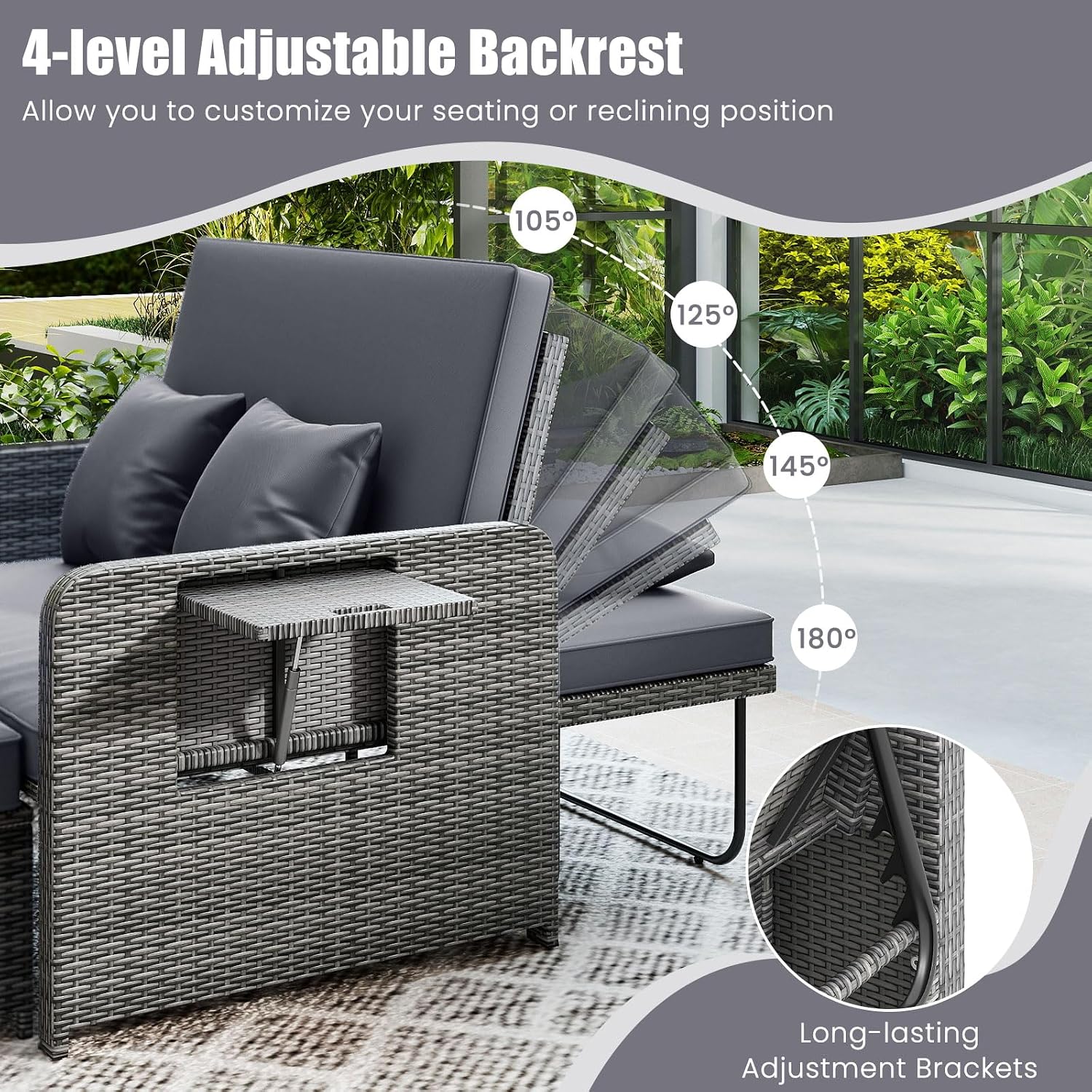 Tangkula Patio Rattan Daybed with 4-Level Adjustable Backrest, Outdoor PE Wicker Loveseat with Storage Ottoman & Folding Side Table, Double Sunbed for Balcony, Backyard & Poolside, Grey
