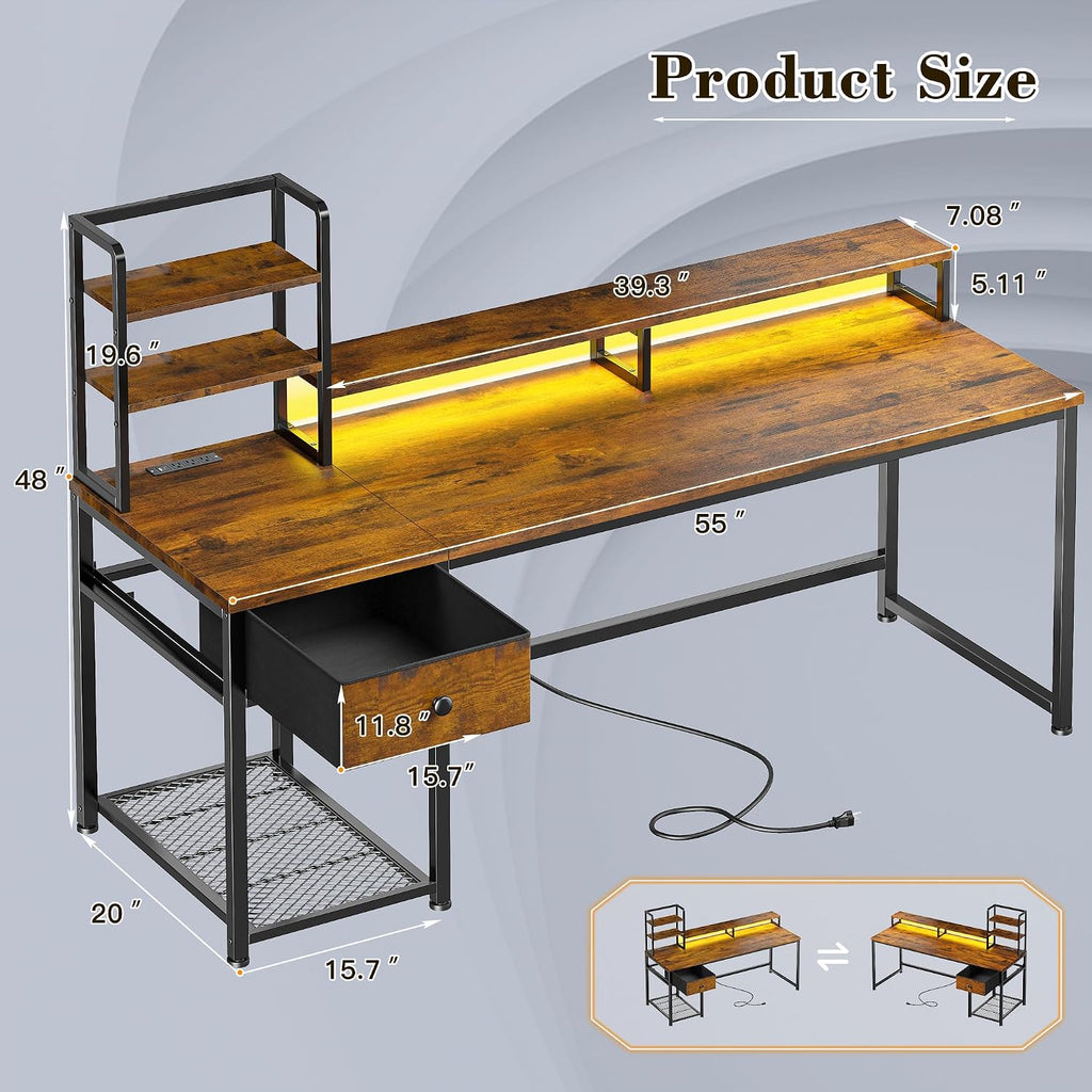 EnHomee 55 Inch Computer Desk with Hutch and Drawers,Reversible Home Office Desk with Monitor Shelf,Gaming Desks with USB Power Outlets,Writing Gaming Table for Office with LED Lights,Rustic Brown