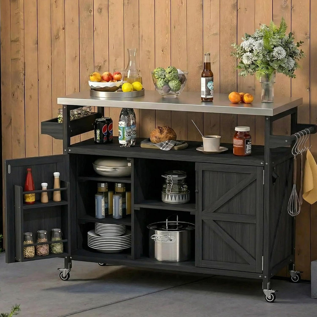 50.25' W Black Grill Cart with Stainless Steel Tabletop - Outdoor Storage Cabinet for BBQ, Bar Patio Kitchen Island with Ample Storage and Lockable Wheels