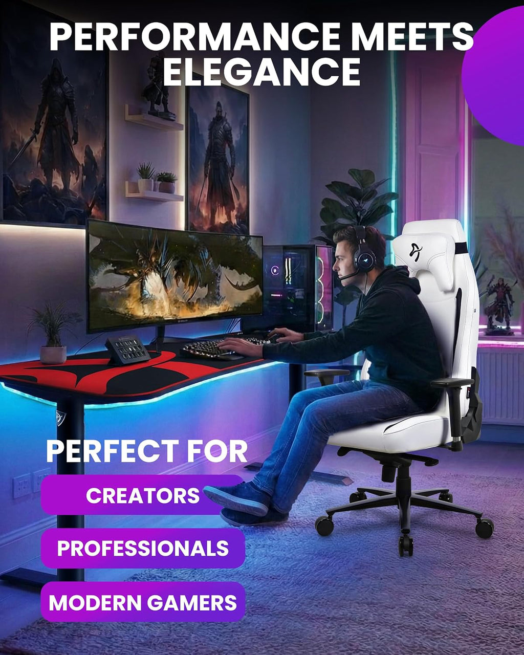 Arozzi Vernazza Gaming Chair XL - Soft PU Gaming Chairs for Adults Adjustable Height, Large Spacious Seat & Backrest with Support Pillows - Swedish Design Home Office Computer Chairs, White