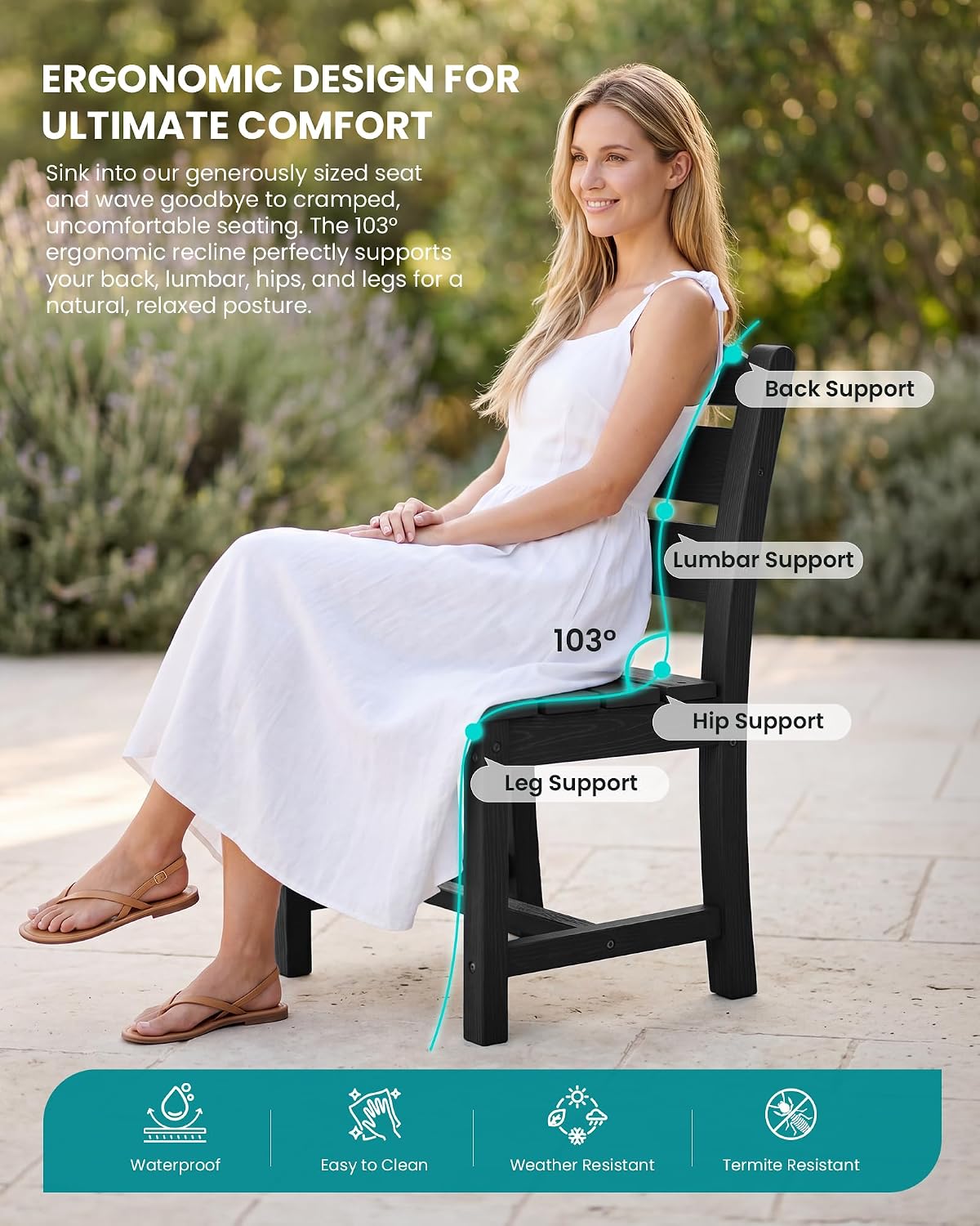 SERWALL Patio Dining Chair, All Weather Dining Chair Set of 2, Outdoor Dining Chair with Widened Seat, Black