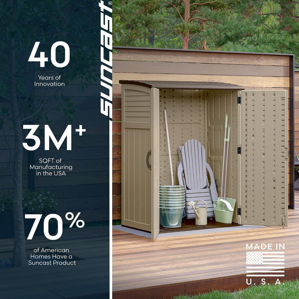 Suncast Outdoor Storage Shed, Water Resistant Resin Vertical Outdoor Storage Cabinet for Patio, Garden Tools, Cushions, & Equipment, Weatherproof Multi-Wall Design, 54 cu. ft., Made in USA