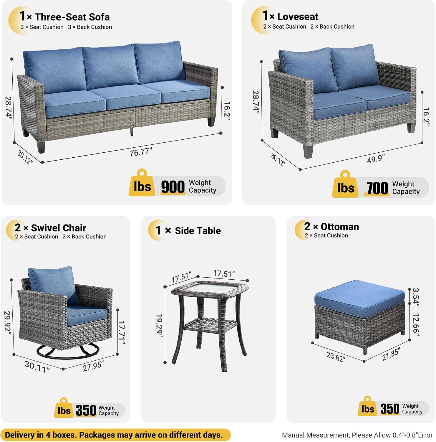 ovios 7 Pieces Patio Furniture Set, Outdoor Wicker Rattan Sofa Couch with Swivel Glider Chairs Loveseat Comfy Cushions Modern Conversation Set for Backyard Porch, Denim Blue