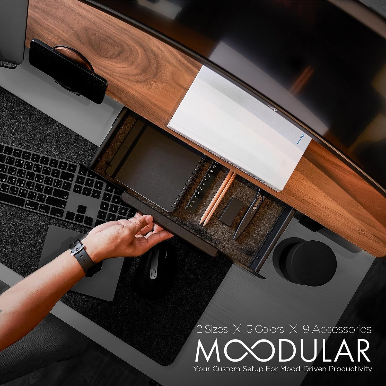 ULTRARM Moodular Wooden Monitor Stand 45.6' (116cm) Large Desk Organizer with Metal Slide Rails for Drawer, Tray, Laptop, Tablet, Phone & Headphones Customizable Riser for Organized Workspace Walnut