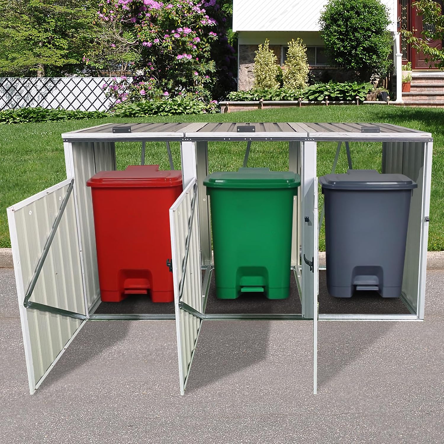 Outdoor Trash Can Storage, Garbage Bin Shed Stores, Trash Can Storage Cabinet Outside, Metal Outdoor Storage Shed for Garbage Cans, Garden Accessories, Backyard, and Patio Use, Lockable, Grey