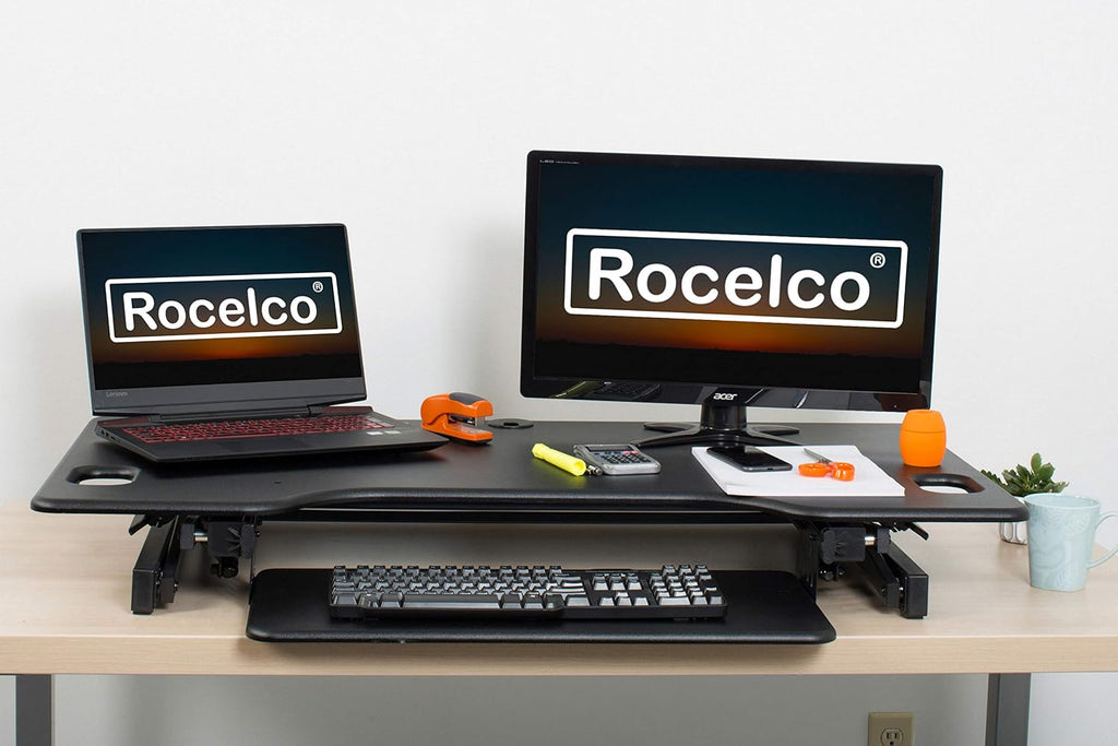 Rocelco 46' Large Height Adjustable Standing Desk Converter - Quick Sit Stand Up Triple Monitor Riser - Tall Gas Spring Assist Computer Workstation - Retractable Keyboard Tray - Black (R DADRB-46)