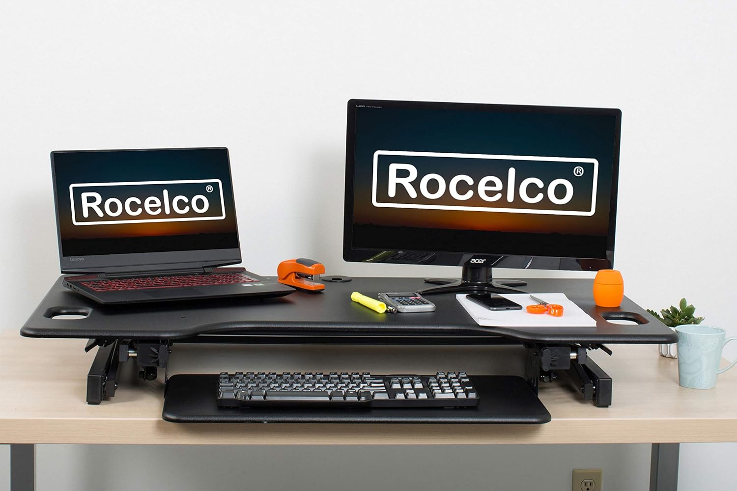 Rocelco 46' Large Height Adjustable Standing Desk Converter - Quick Sit Stand Up Triple Monitor Riser - Tall Gas Spring Assist Computer Workstation - Retractable Keyboard Tray - Black (R DADRB-46)