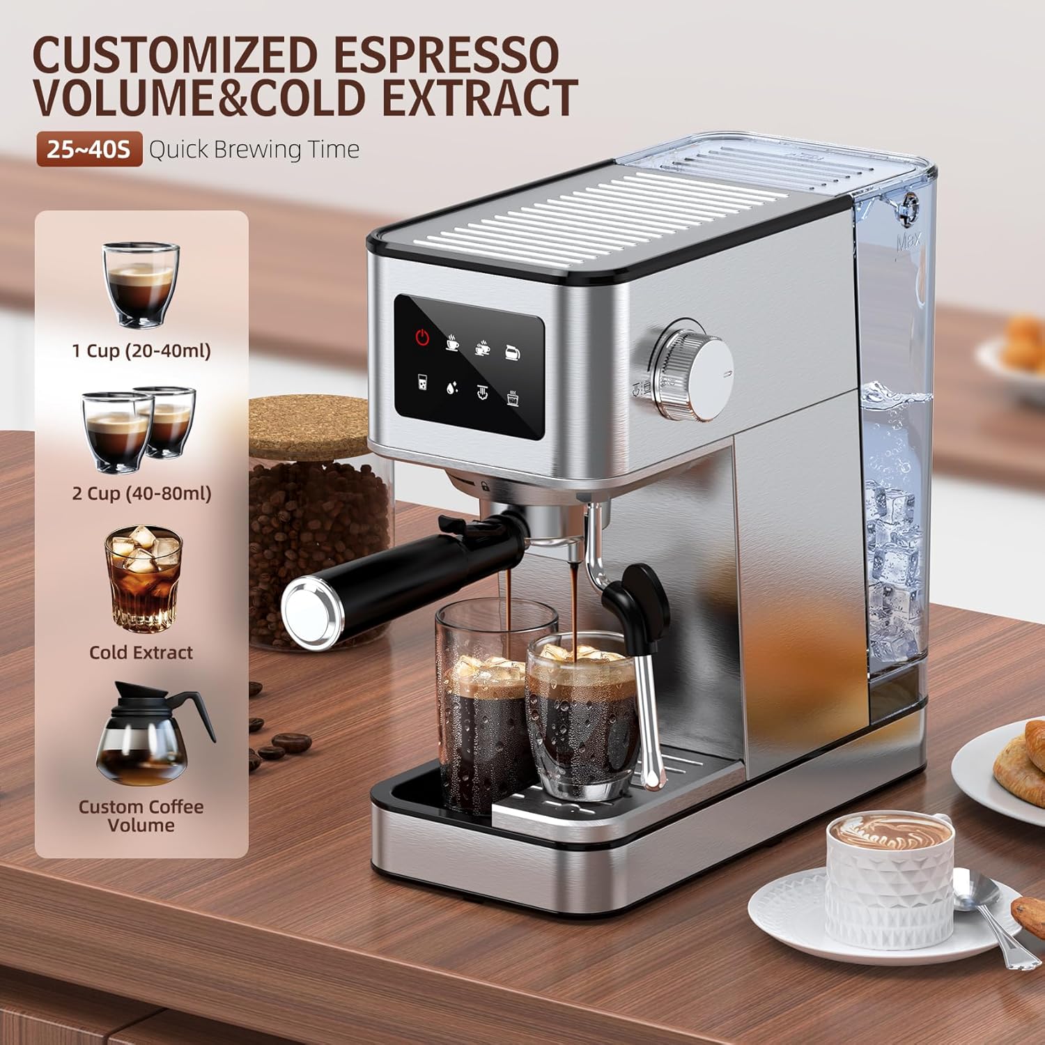 Espresso Machine with Milk Frother, 20 Bar Compact Coffee Machine with Touch Screen & 57.5oz Removable Water Tank for Home, Stainless Steel Espresso Maker for Cappuccino, Latte, Silver