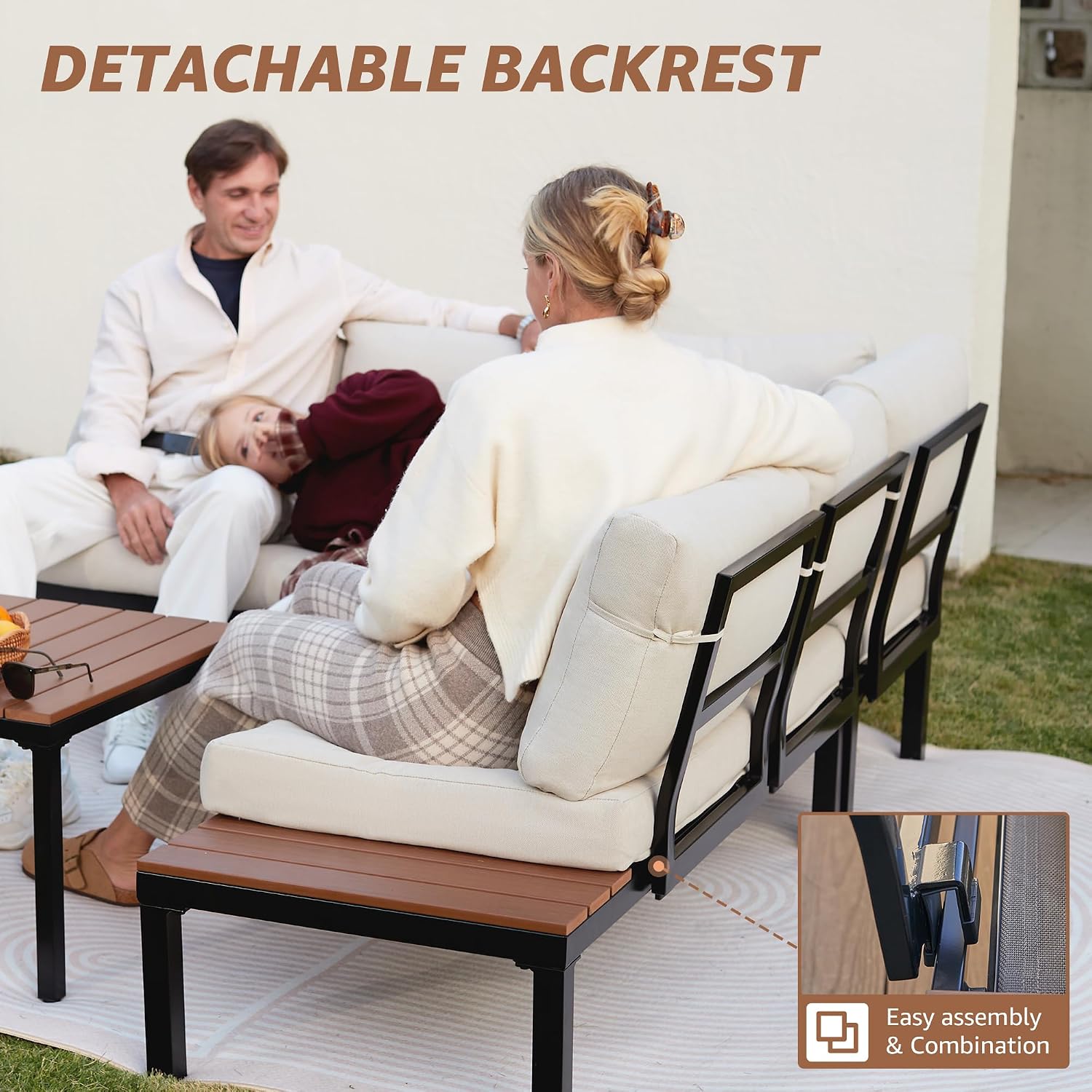 NATURAL EXPRESSIONS Outdoor Furniture Set, L Shape Patio Sectional, Metal Corner Couch Sofa Set with Side Tables, Detachable Backrest, Fauxwood Coffee Table, Beige Olefin Cushions for Garden Deck