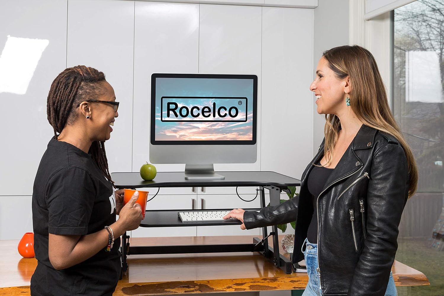 Rocelco 32' Height Adjustable Standing Desk Converter - Slide Out Retractable Keyboard Tray - Sit Stand Up Double Monitor Riser - Dual Piston Lift Assist Tabletop Computer Workstation - Black (R ADRB)