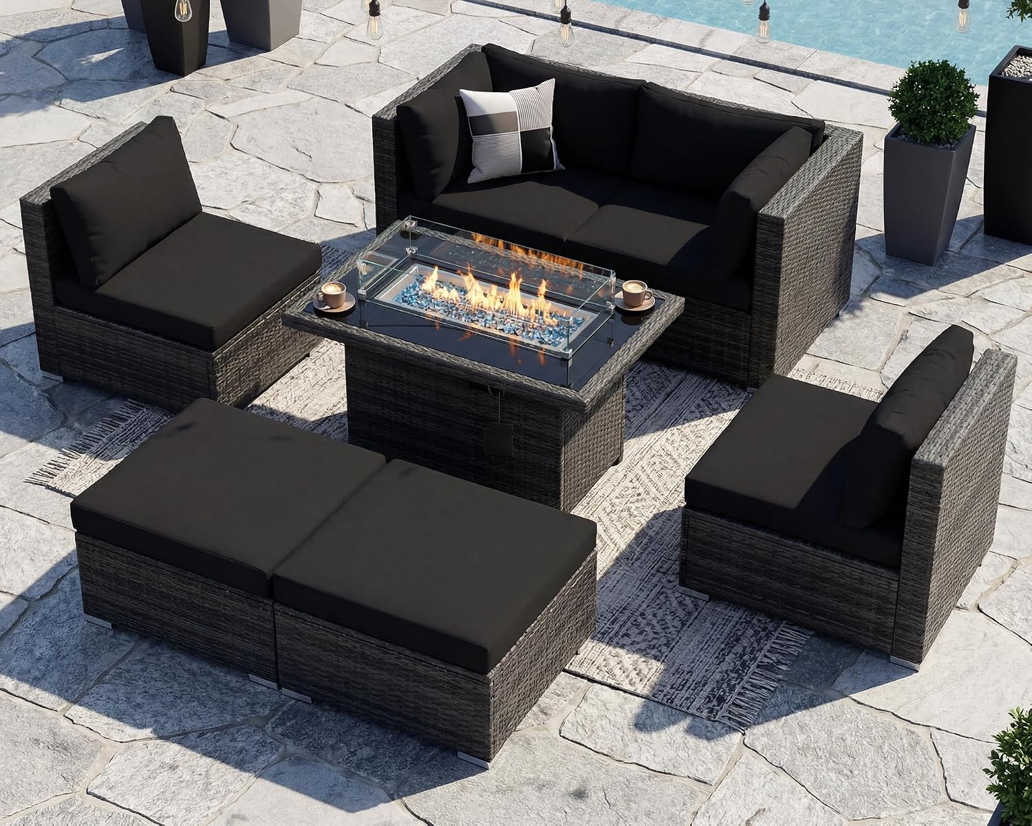 RADIATA 7Pcs Outdoor Patio Furniture Set with Fire Pit, Modern Comfortable Outside Sectional Couch High Back Oversized Wide Deep 6-Seats, Modular All-Weather Heavy Duty Wicker Sofa Set, Grey&Black