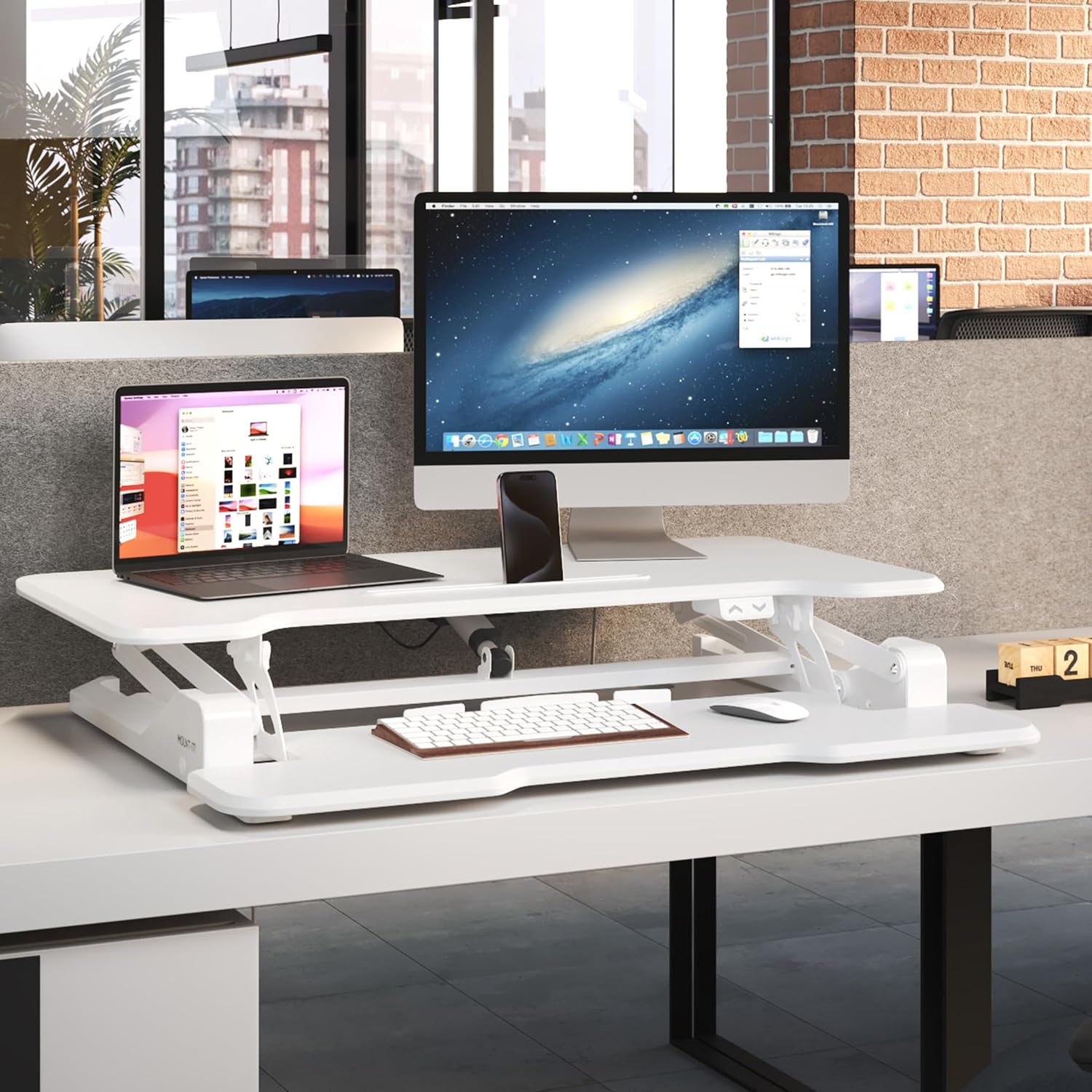 Mount-It! Electric Standing Desk Converter White 38 Inch Wide Tabletop, Stand up Desk Riser, Height Adjustable Sit Stand Desk, Fits Dual Monitors, Keyboard Tray, Device Slot, Monitor & Laptop