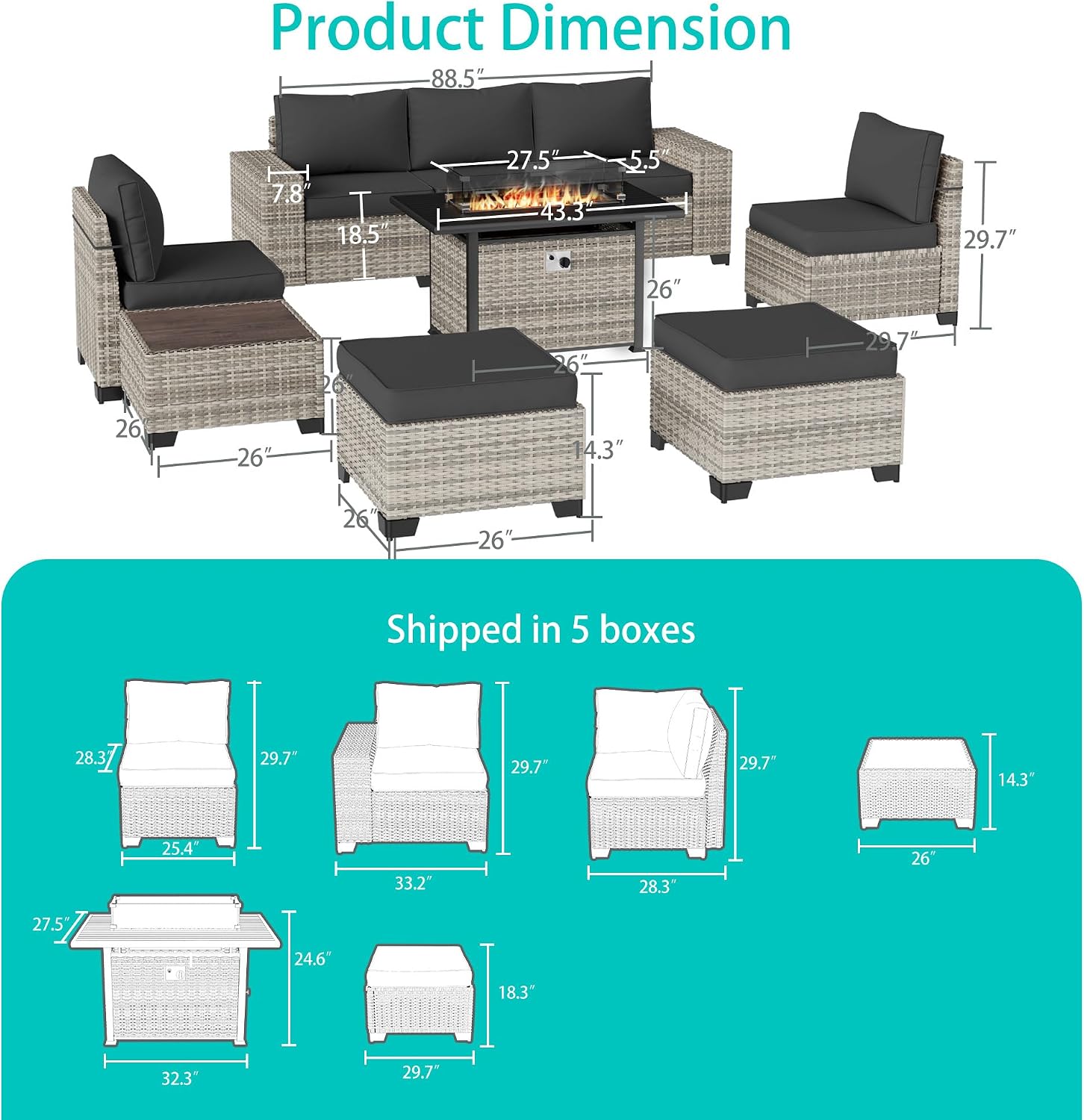 9-Piece Outdoor Patio Furniture Set with 55,000 BTU Fire Pit Table, PE Wicker Rattan Sectional Sofa Patio Conversation Set with Ottomans & Coffee Table, Dark Grey