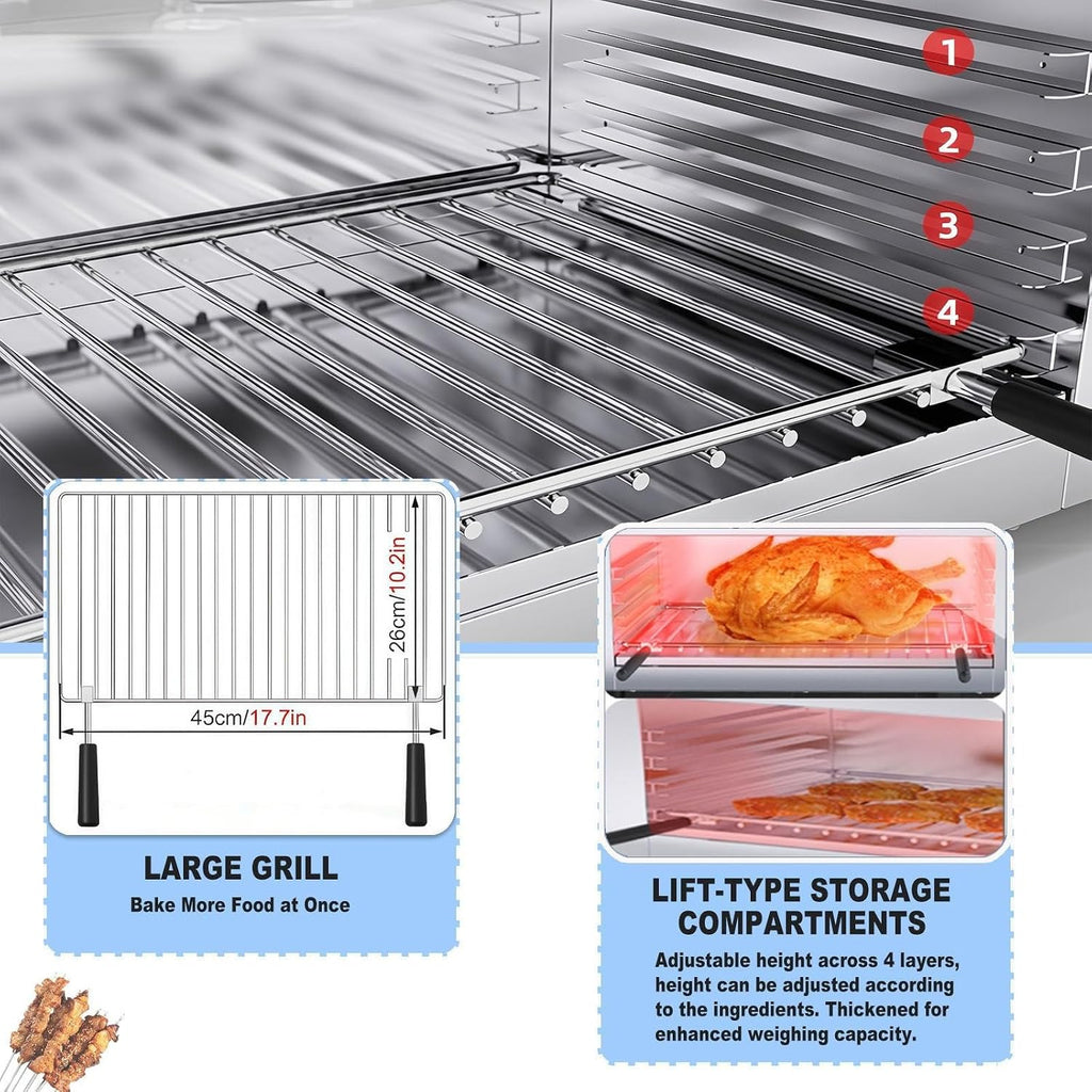 Adjustable 4-Layer Indoor Electric Grill, 2000W Fast Heat & 30L Capacity - 50-300°C Temperature Control, No Oil Smoke Design, Wall Mountable For Compact Kitchens