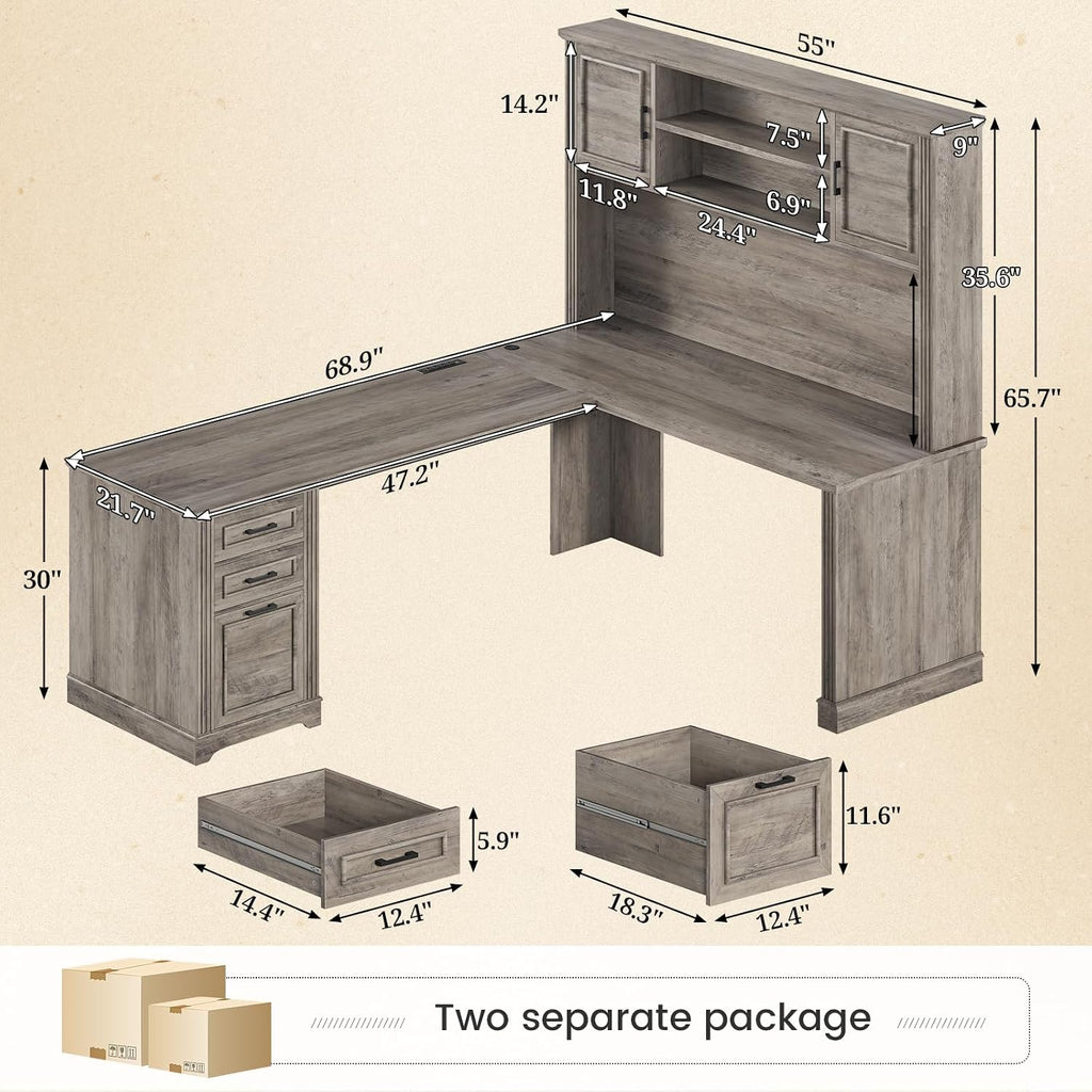 SEDETA Farmhouse L Shaped Desk with Hutch and 3 Drawers, 68.9' Executive Office Desk with File Drawer and Power Outlet, Corner Computer Desk with Storage Shelves for Home Office (Grey)