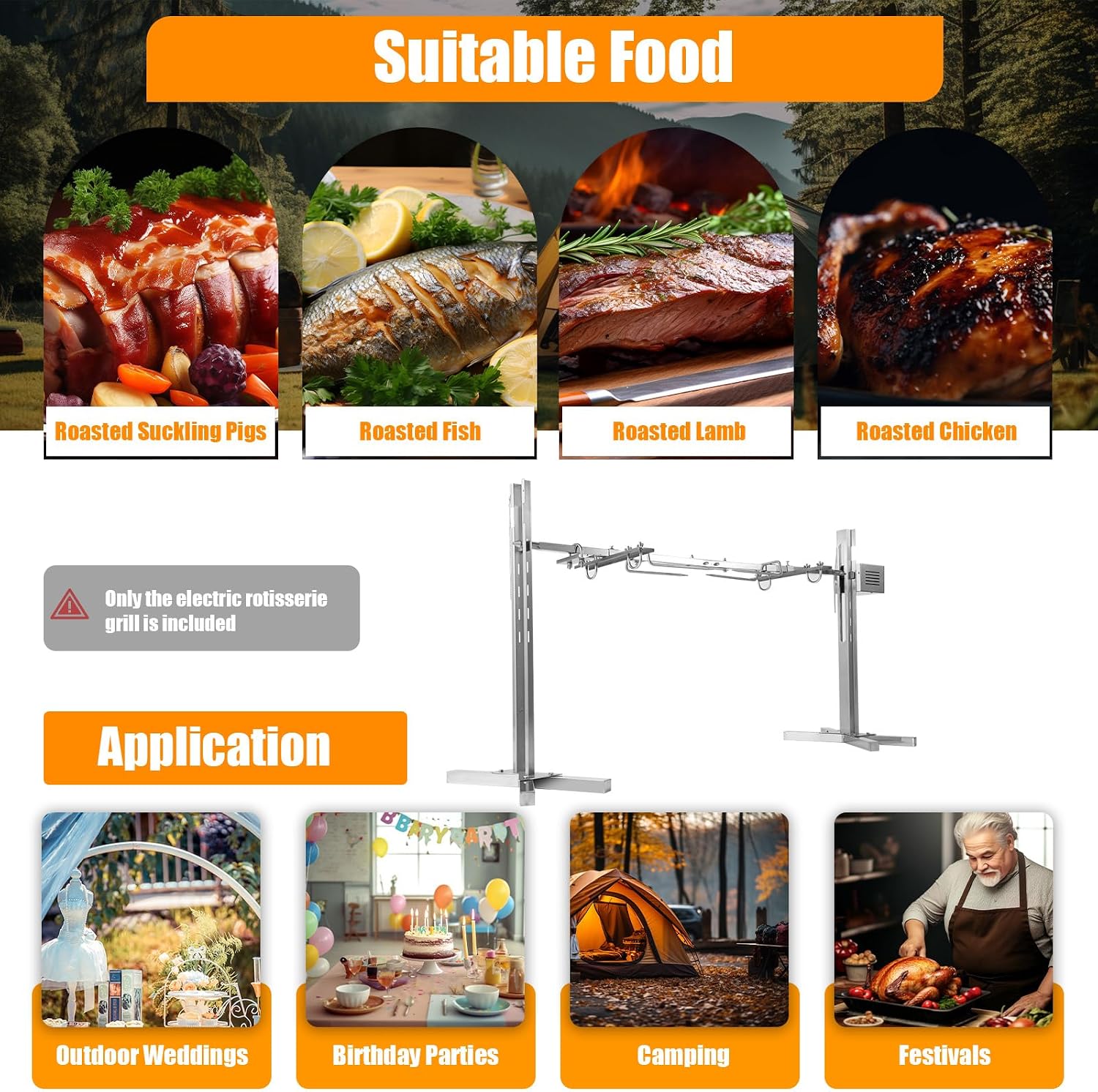51' Electric Automatic Rotisserie Grill Kit Large Rotisserie Spit Roaster Grill Rod 15W Electric Rotisserie Kit BBQ Grill Kit Heavy Duty for Pig Rotisserie Hog Lamb