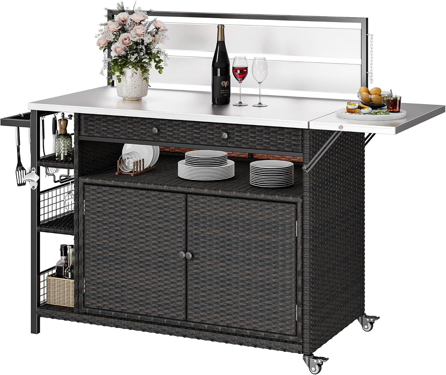 DWVO XL Outdoor Bar Table & Storage Cabinet, Wheels and Stainless Steel Extended Table Top, Patio Bar Table with Side Handle for Patio Kitchen or Bar Cart, Dark Brown