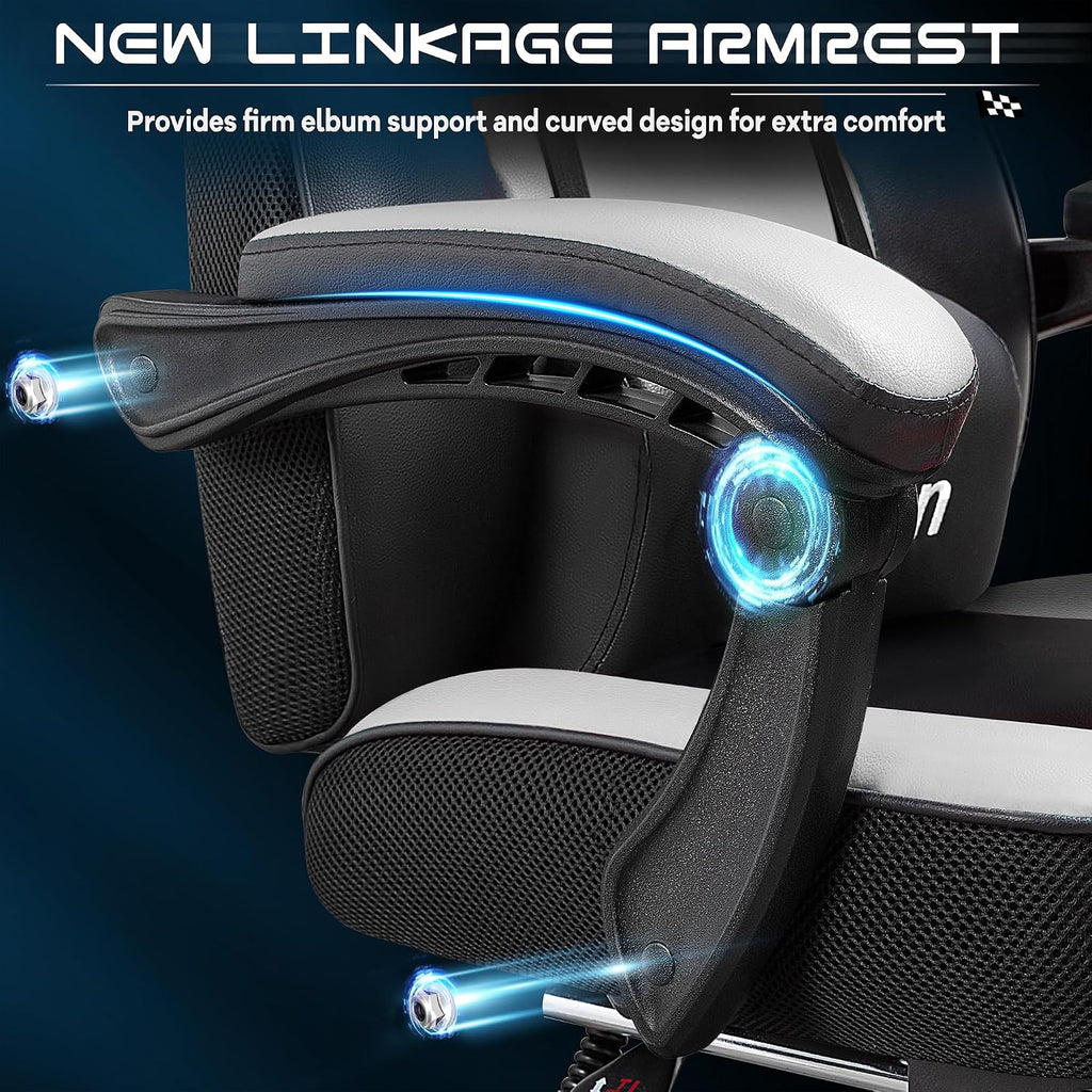 Big and Tall Gaming Chair for Adults, Heavy Duty Computer Chair with Footrest, Video Game Chair, Massage Lumbar Support, Wide Seat High Back Reclining Desk Chair, White