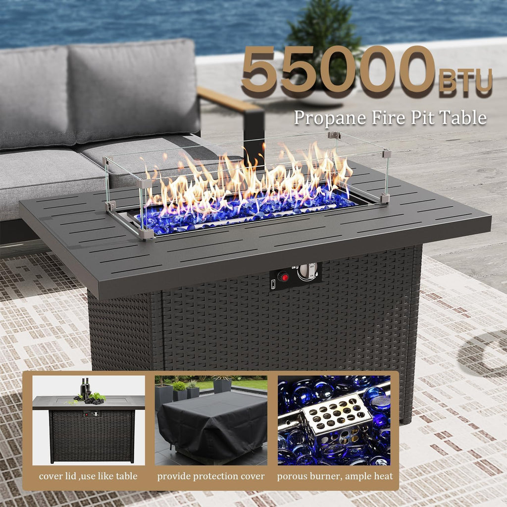 Aluminum Outdoor Patio Furniture Sets, 4 Piece Metal Patio Conversation Sets with Fire Pit with 5 Inch Cushion for Garden Backyard Deck