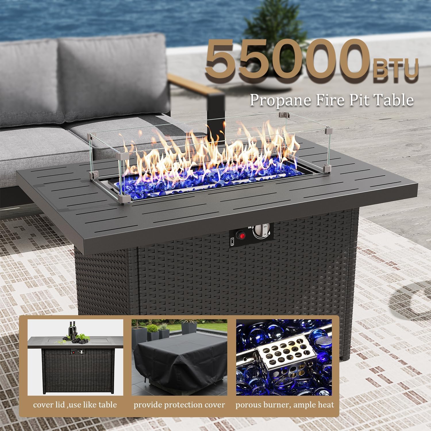 Aluminum Outdoor Patio Furniture Sets, 4 Piece Metal Patio Conversation Sets with Fire Pit with 5 Inch Cushion for Garden Backyard Deck