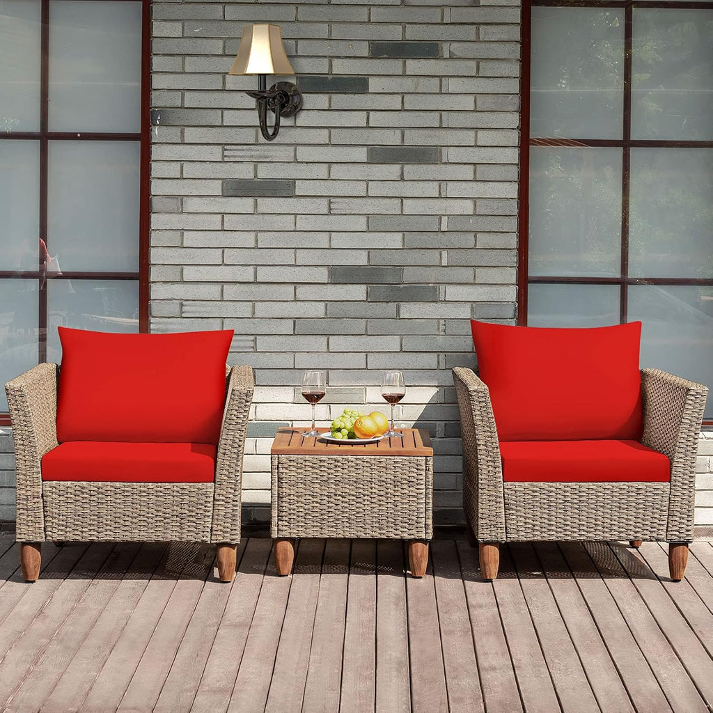 Tangkula 3 Piece Patio Furniture Set, Outdoor Wicker Rattan Bistro Sofa Set w/Washable Cushion, Acacia Wood Top Coffee Table, Conversation Set w/Adjustable Feet for Balcony Backyard Porch (Red)