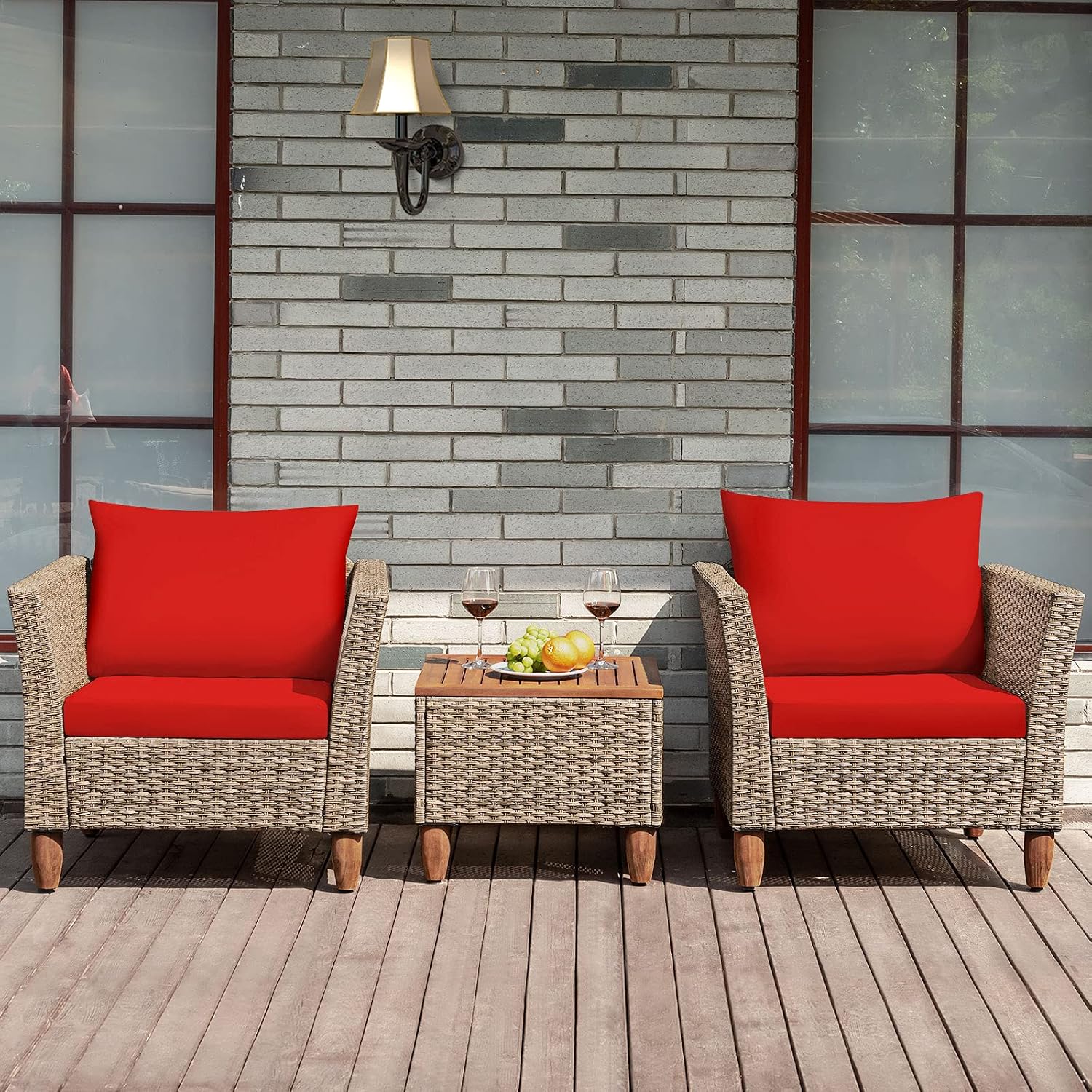 Tangkula 3 Piece Patio Furniture Set, Outdoor Wicker Rattan Bistro Sofa Set w/Washable Cushion, Acacia Wood Top Coffee Table, Conversation Set w/Adjustable Feet for Balcony Backyard Porch (Red)