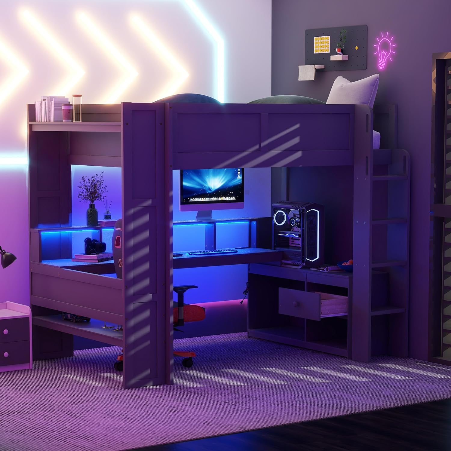 Merax Loft Bed Full Size with Gaming Desk, Mulfunctional Wood Loft Bed with Storage Shelves, Drawer and Charging Station, for Teens Adults (Dark Grey)