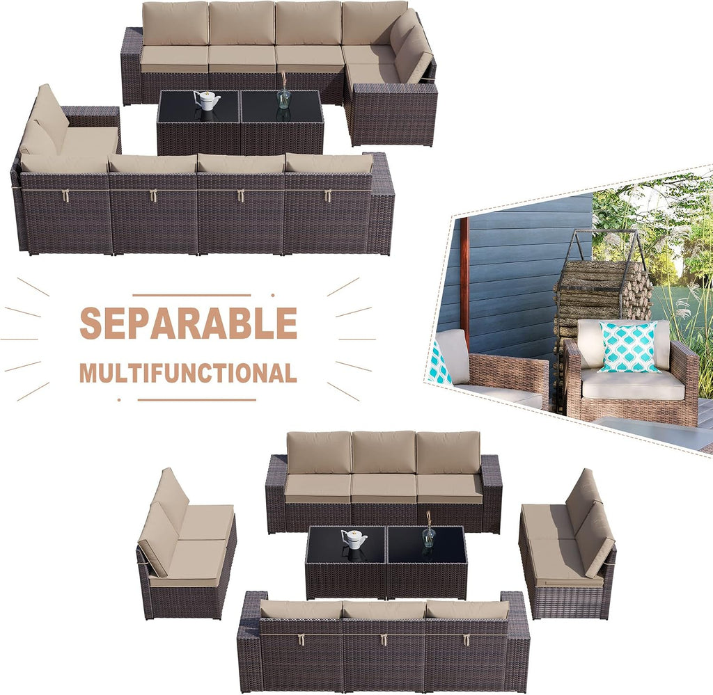 Kullavik Outdoor Patio Furniture Set,12 Pieces Sectional Rattan Sofa Set Brown PE Rattan Wicker Patio Conversation Set with 10 Seat Cushions and 2 Tempered Glass Coffee Table,Sand