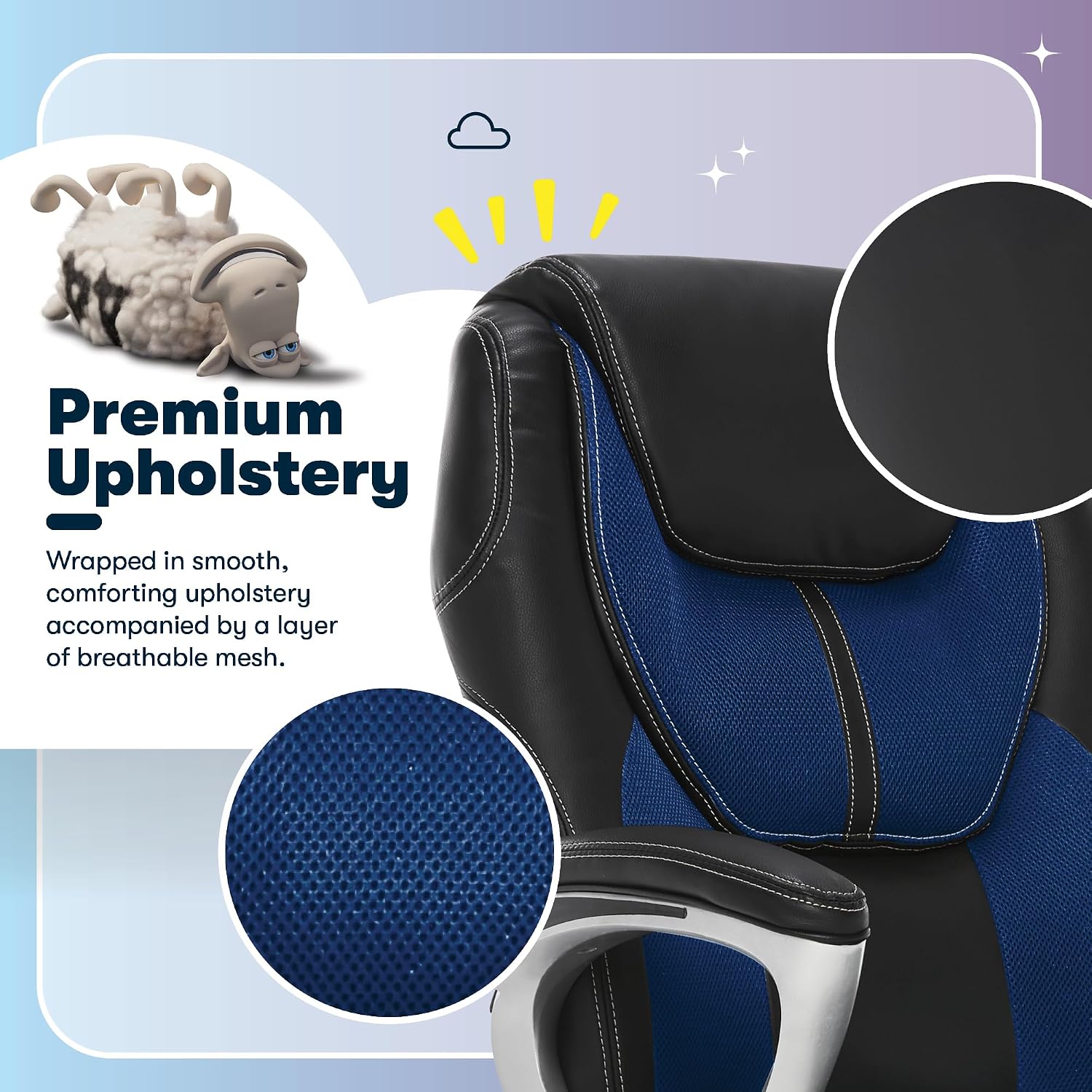 Serta Amplify Executive Office Chair with Faux Leather and Mesh, Adjustable Ergonomic Comfy Seat with Lumbar Support, Modern Computer DeskChairs, Swivel Rolling Wheels, Blue