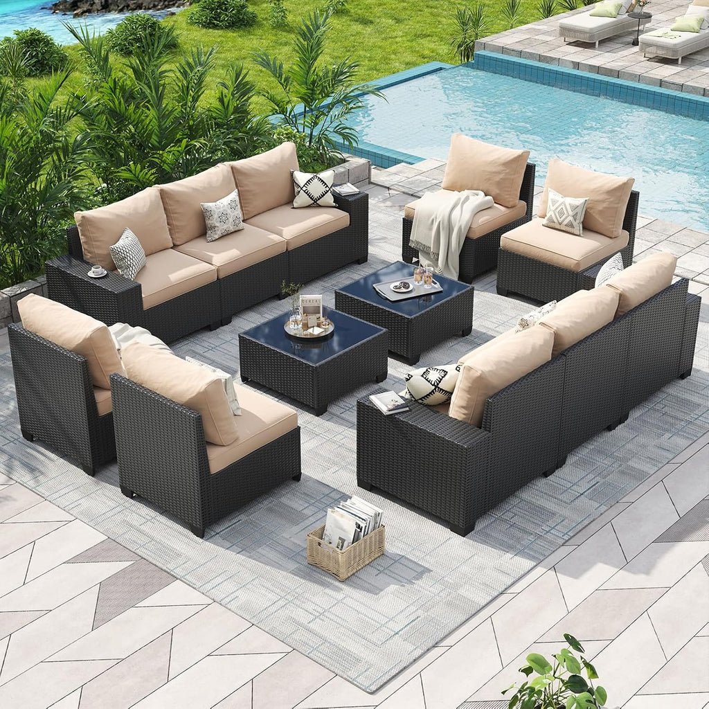 Aoxun Patio Furniture Set, 12 Pcs Outdoor Patio Furniture Sets with 4 in Thicken Cushion and Coffee Table, Widen Armrests Wicker Outdoor Sectional for Backyard and Garden, Beige