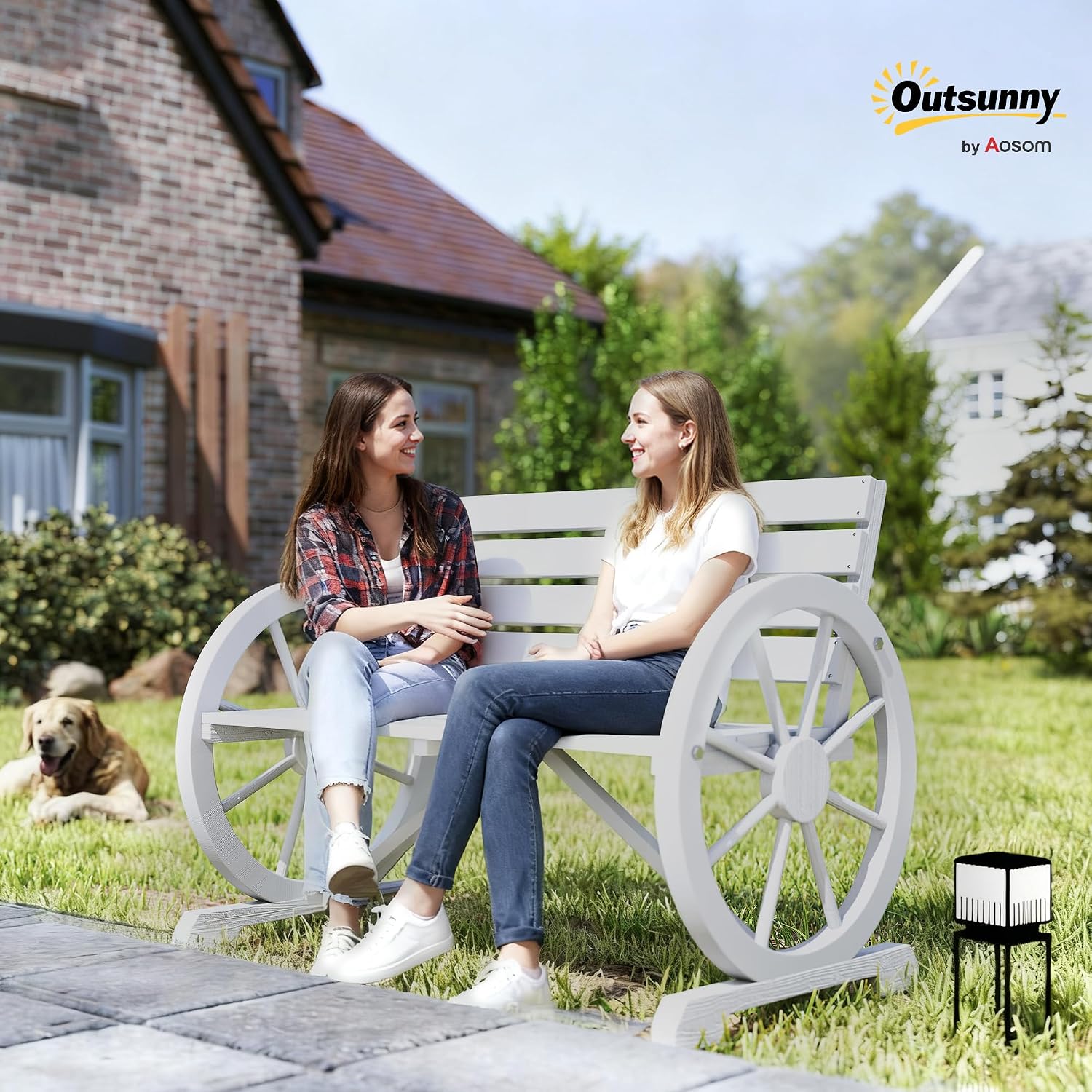 Outsunny 41' Wooden Wagon Wheel Bench, Rustic Outdoor Patio Weather Resistance Furniture, 2-Person Slatted Seat Bench with Backrest, Light Gray
