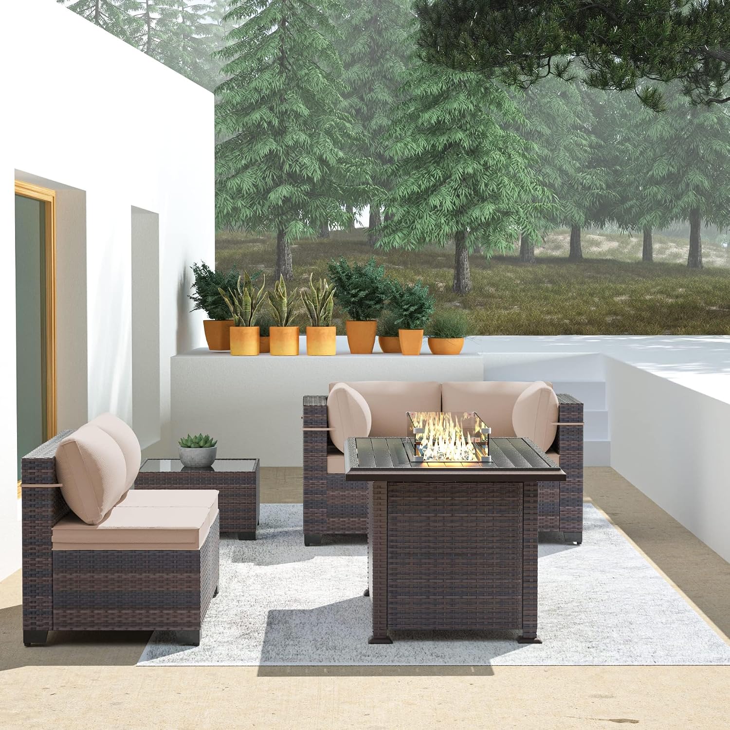 Outdoor Patio Furniture with Fire Pit Table, 6 Pieces Outdoor Furniture Patio Sectional Sofa PE Rattan Conversation Sets w/43 Propane Gas Firepit & Coffee Table for Outside - Brown.