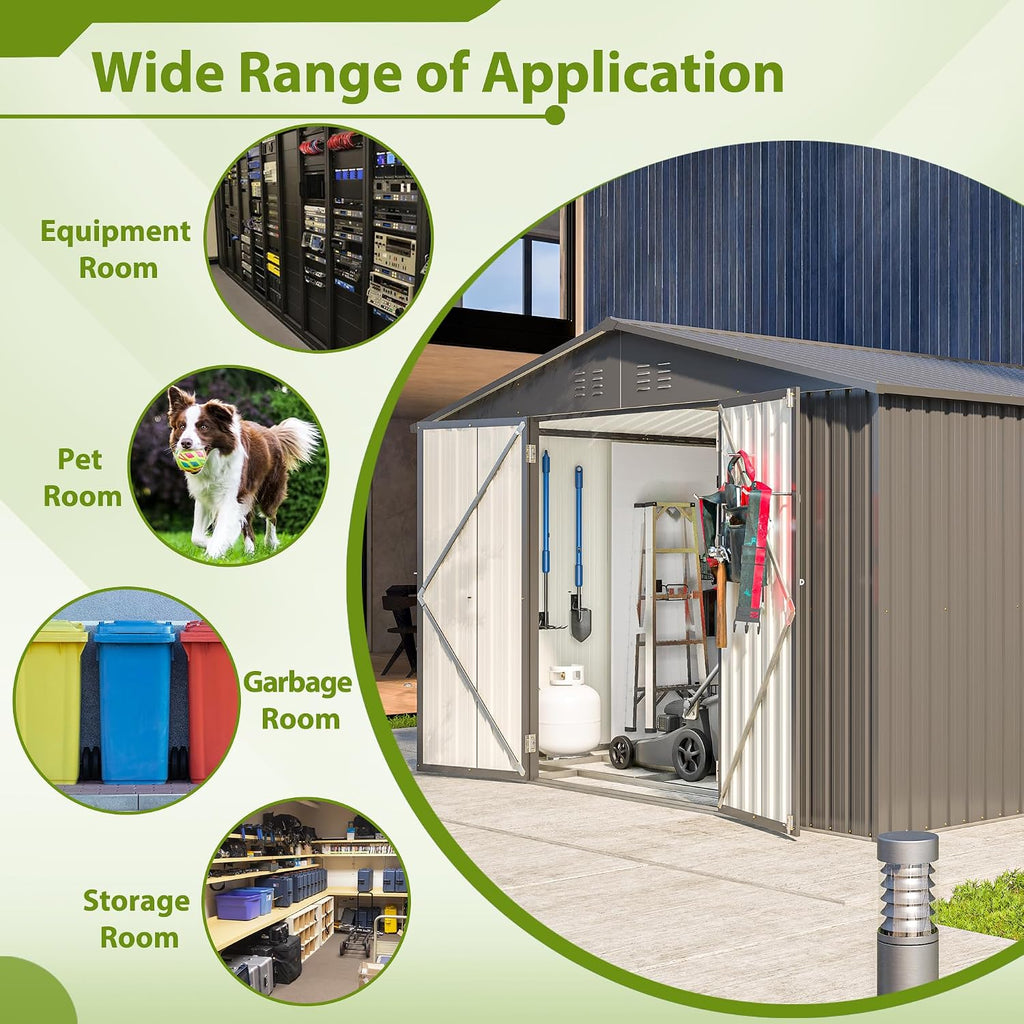10x8 FT Outdoor Storage Shed with Lockable Double Doors, Aluminum Frame, Weatherproof with Frame Floor, Metal Tool Shed for Garden, Backyard, Patio, and Equipment Storage