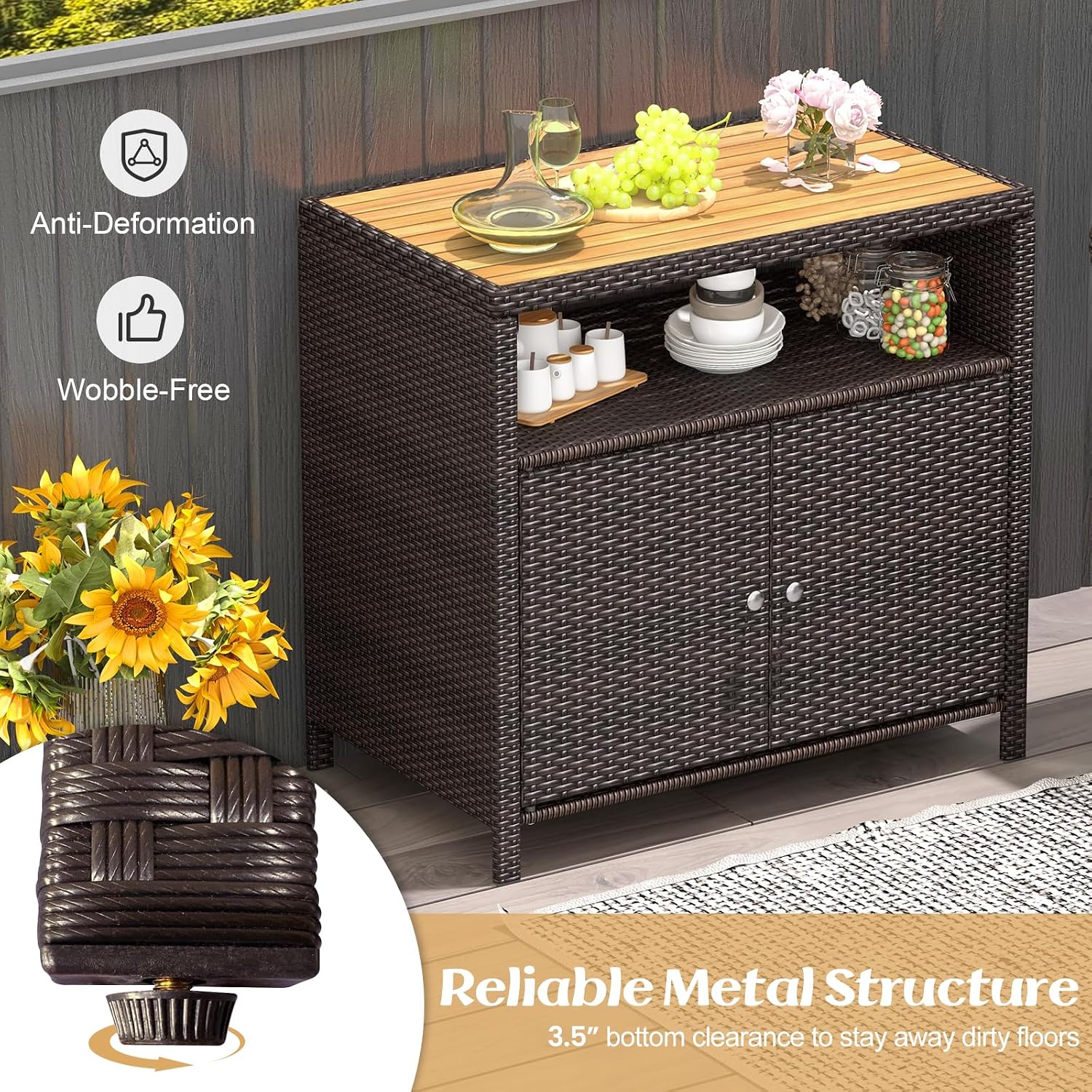 Tangkula Rattan Outdoor Storage Cabinet, Patiojoy Outdoor Cabinet with Acacia Wood Countertop, Open Compartment, 2-Door Wicker Sideboard, Outdoor Bar for Patio Garden Backyard Poolside (Mix Brown)